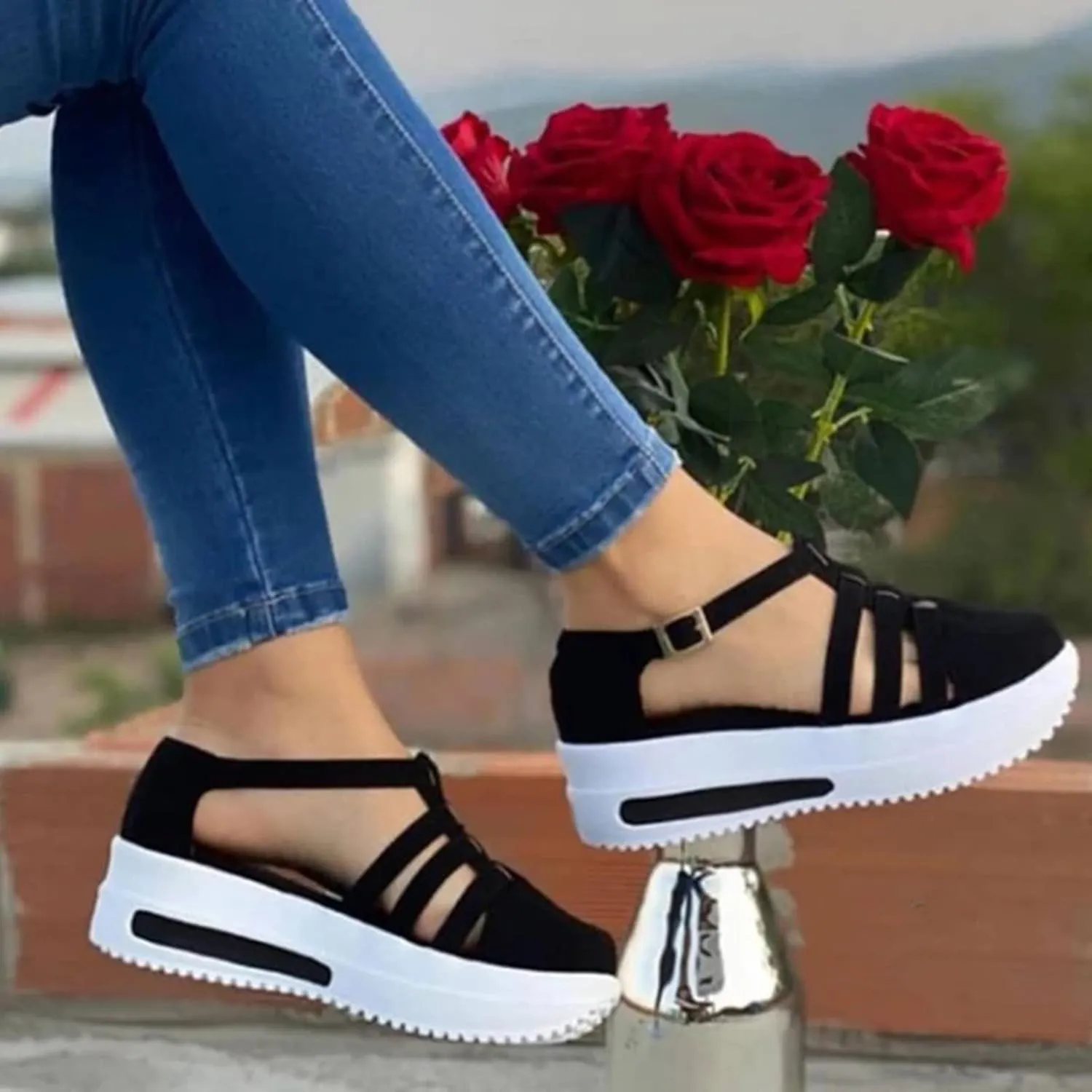 Aniywn Womens Summer Closed Toe Platform Sandal Shoes Casual Hollow Ankle Straps Shoes Slip On Soft Shoes