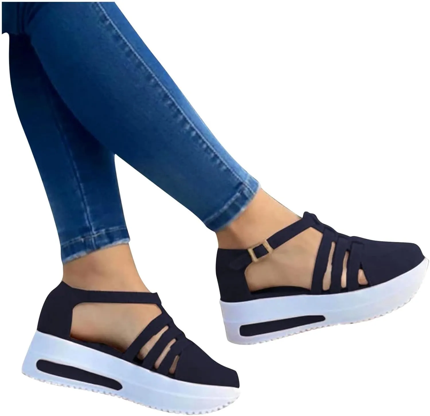 Aniywn Womens Summer Closed Toe Platform Sandal Shoes Casual Hollow Ankle Straps Shoes Slip On Soft Shoes