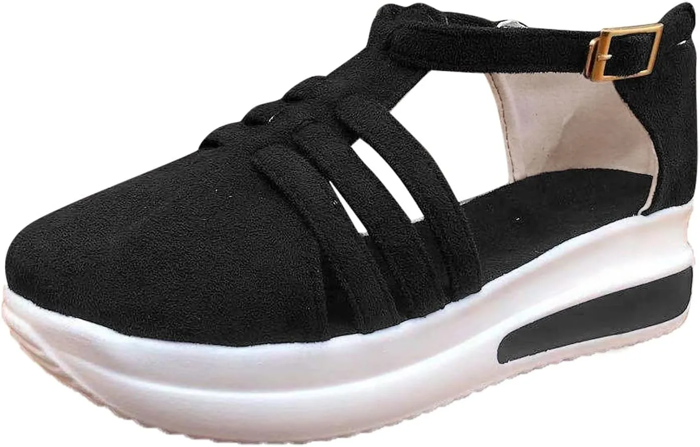Aniywn Womens Summer Closed Toe Platform Sandal Shoes Casual Hollow Ankle Straps Shoes Slip On Soft Shoes