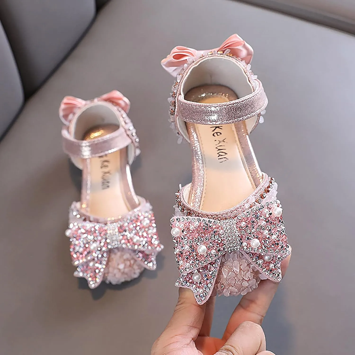 Baby Dress Shoes Spring Autumn New Children Girls Flat Pearl Crystal Shoes Bow Princess Shoes PU (Red, 9.5-10 Years)