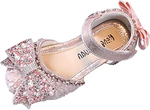 Baby Dress Shoes Spring Autumn New Children Girls Flat Pearl Crystal Shoes Bow Princess Shoes PU (Red, 9.5-10 Years)