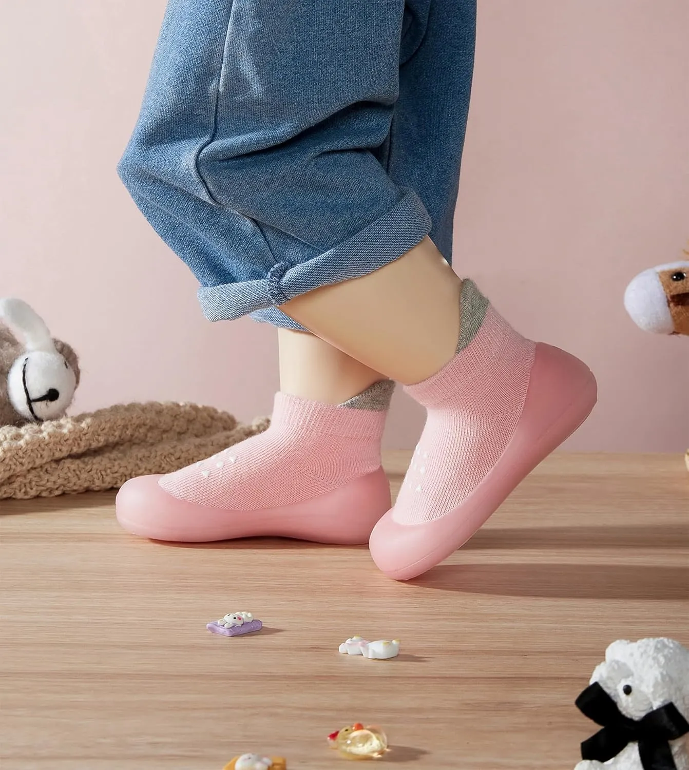 Baby Girl Sock Shoes Rubber Sole Non Slip Indoor Slipper Infant Girls First Walking Floor Shoes Soft Sole Non-Skid Slipper Breathable Lightweight Cotton Mesh Baby Shoes