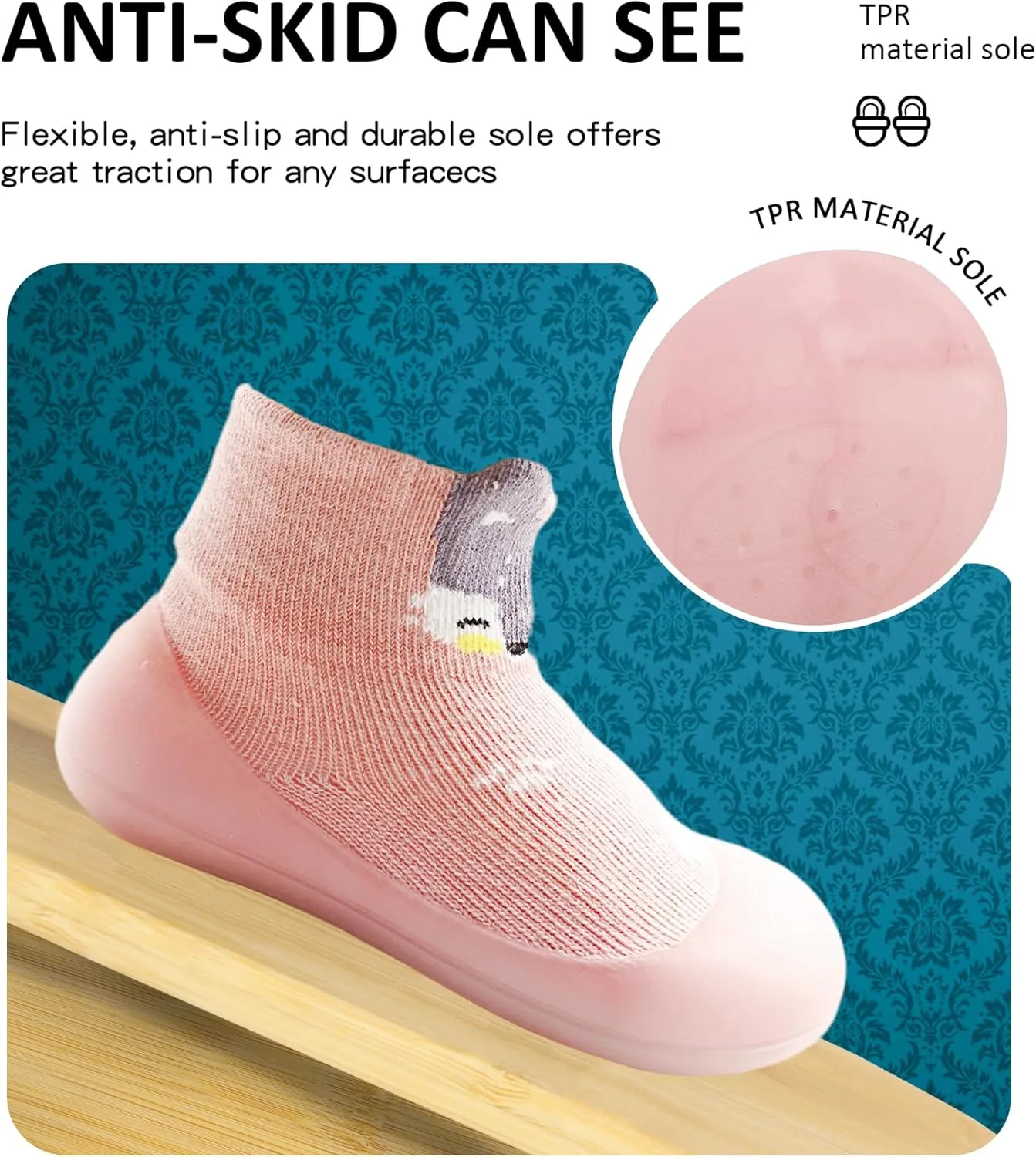 Baby Girl Sock Shoes Rubber Sole Non Slip Indoor Slipper Infant Girls First Walking Floor Shoes Soft Sole Non-Skid Slipper Breathable Lightweight Cotton Mesh Baby Shoes