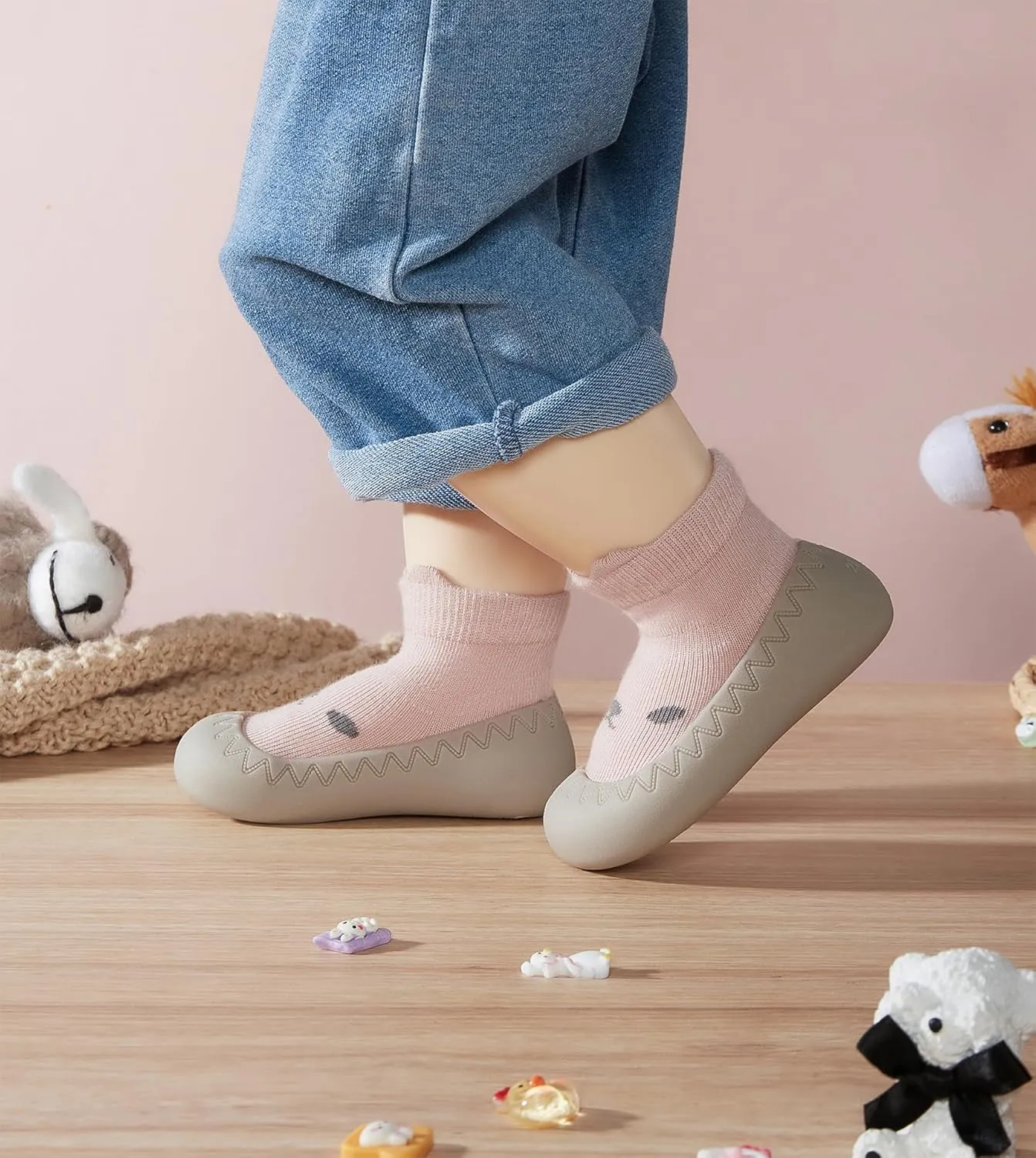 Baby Girl Sock Shoes Rubber Sole Non Slip Indoor Slipper Infant Girls First Walking Floor Shoes Soft Sole Non-Skid Slipper Breathable Lightweight Cotton Mesh Baby Shoes