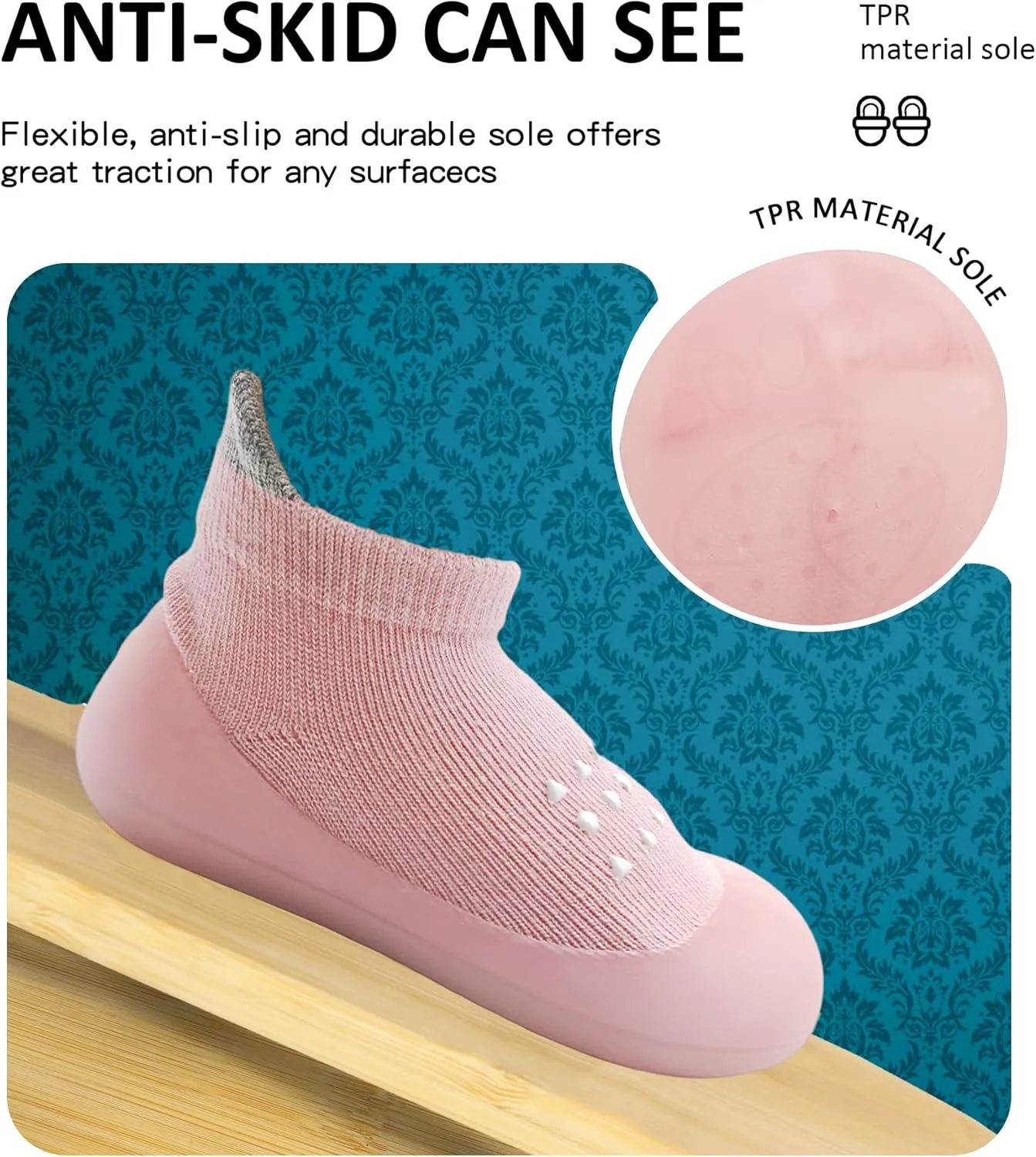 Baby Girl Sock Shoes Rubber Sole Non Slip Indoor Slipper Infant Girls First Walking Floor Shoes Soft Sole Non-Skid Slipper Breathable Lightweight Cotton Mesh Baby Shoes