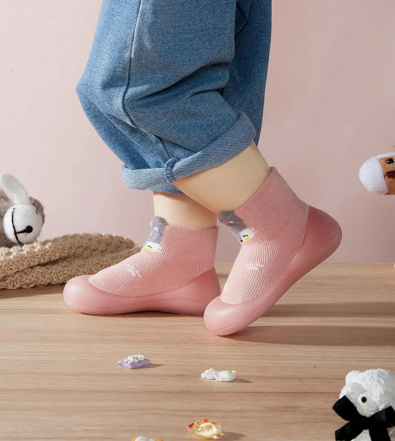Baby Girl Sock Shoes Rubber Sole Non Slip Indoor Slipper Infant Girls First Walking Floor Shoes Soft Sole Non-Skid Slipper Breathable Lightweight Cotton Mesh Baby Shoes