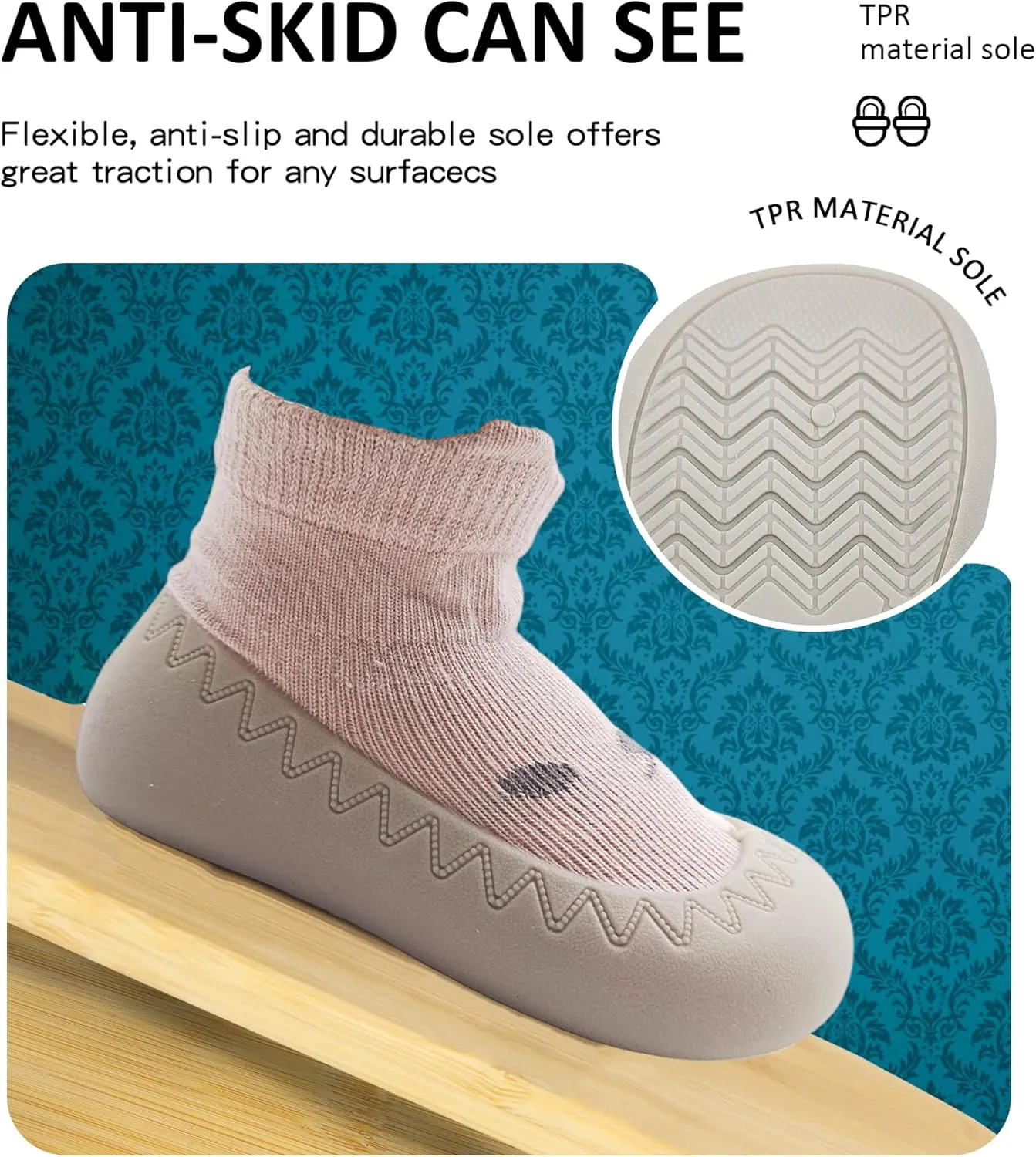 Baby Girl Sock Shoes Rubber Sole Non Slip Indoor Slipper Infant Girls First Walking Floor Shoes Soft Sole Non-Skid Slipper Breathable Lightweight Cotton Mesh Baby Shoes