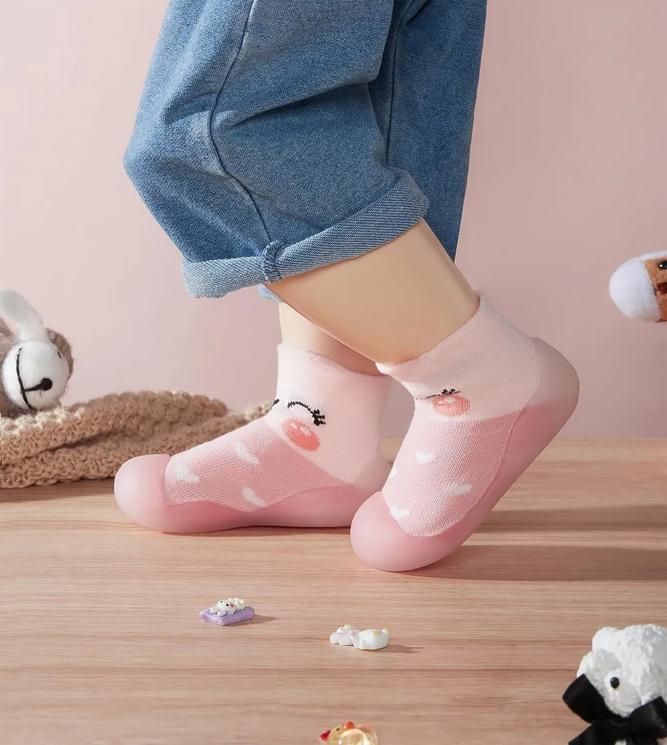 Baby Girl Sock Shoes Rubber Sole Non Slip Indoor Slipper Infant Girls First Walking Floor Shoes Soft Sole Non-Skid Slipper Breathable Lightweight Cotton Mesh Baby Shoes