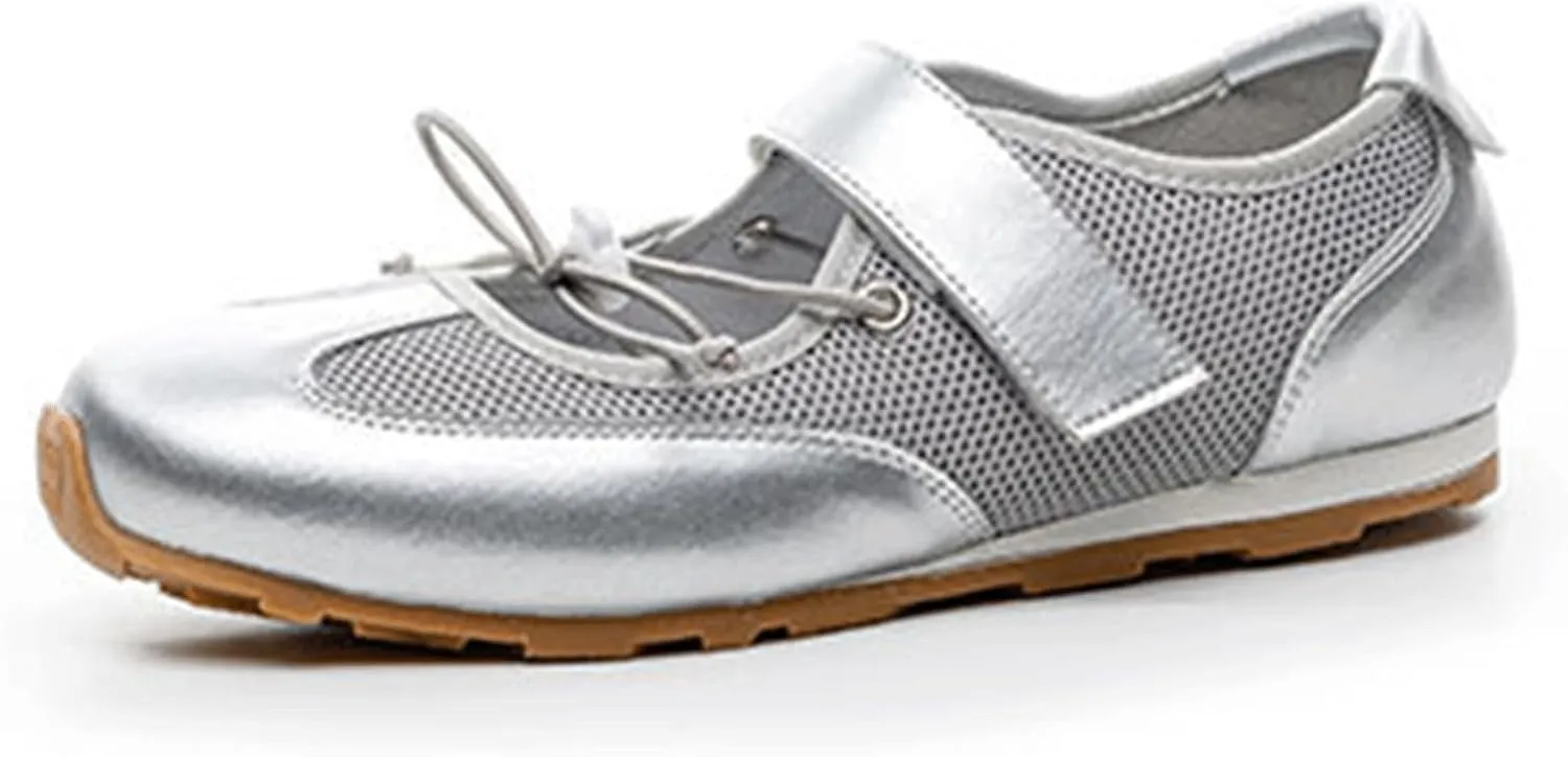 Ballet Sneakers for Woman Leather Hook and Loop Breathable Ballerina Flats Wide Box Fancy Soft Ballet Shoes 2025 Spring Summer Comfy Casual Footwear