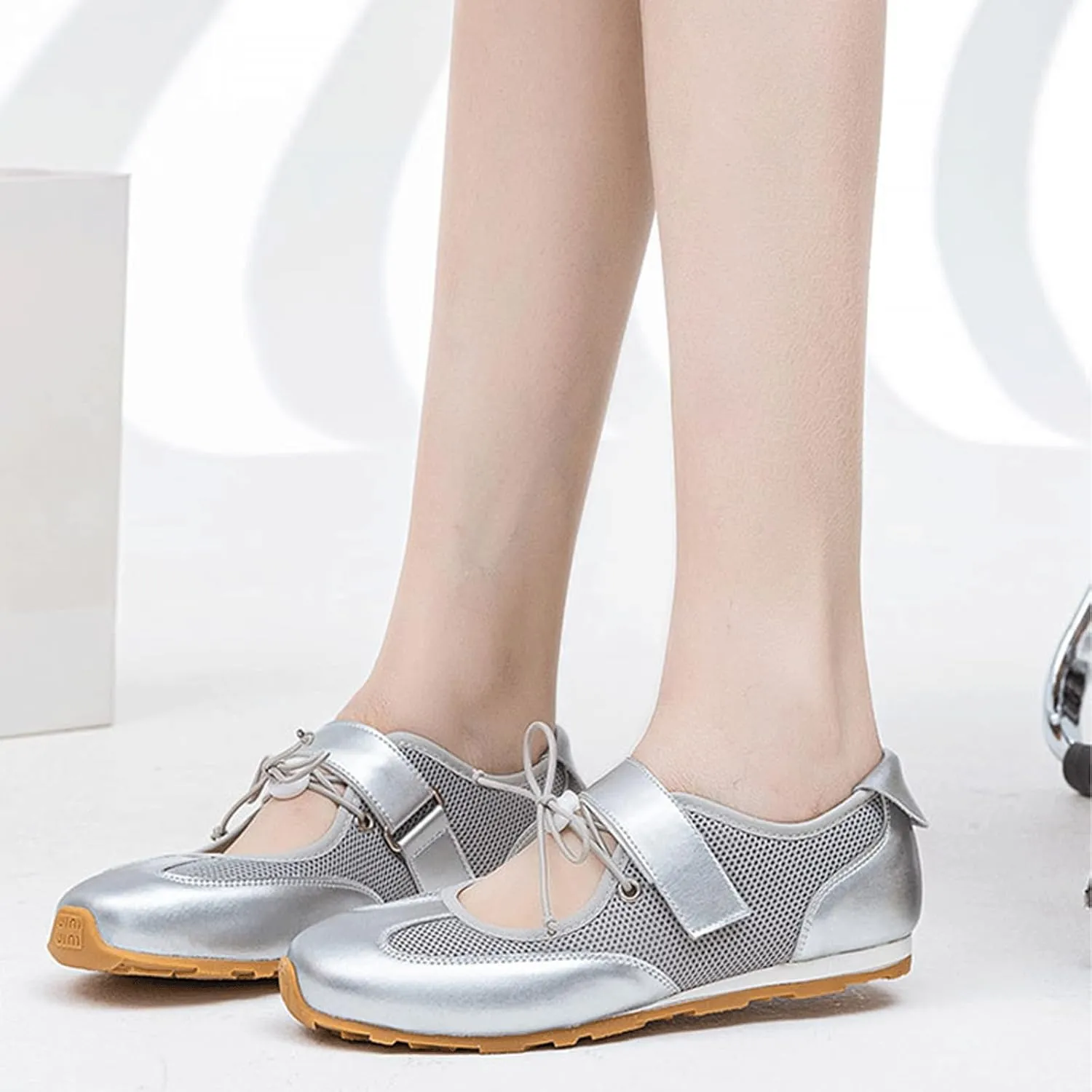 Ballet Sneakers for Woman Leather Hook and Loop Breathable Ballerina Flats Wide Box Fancy Soft Ballet Shoes 2025 Spring Summer Comfy Casual Footwear