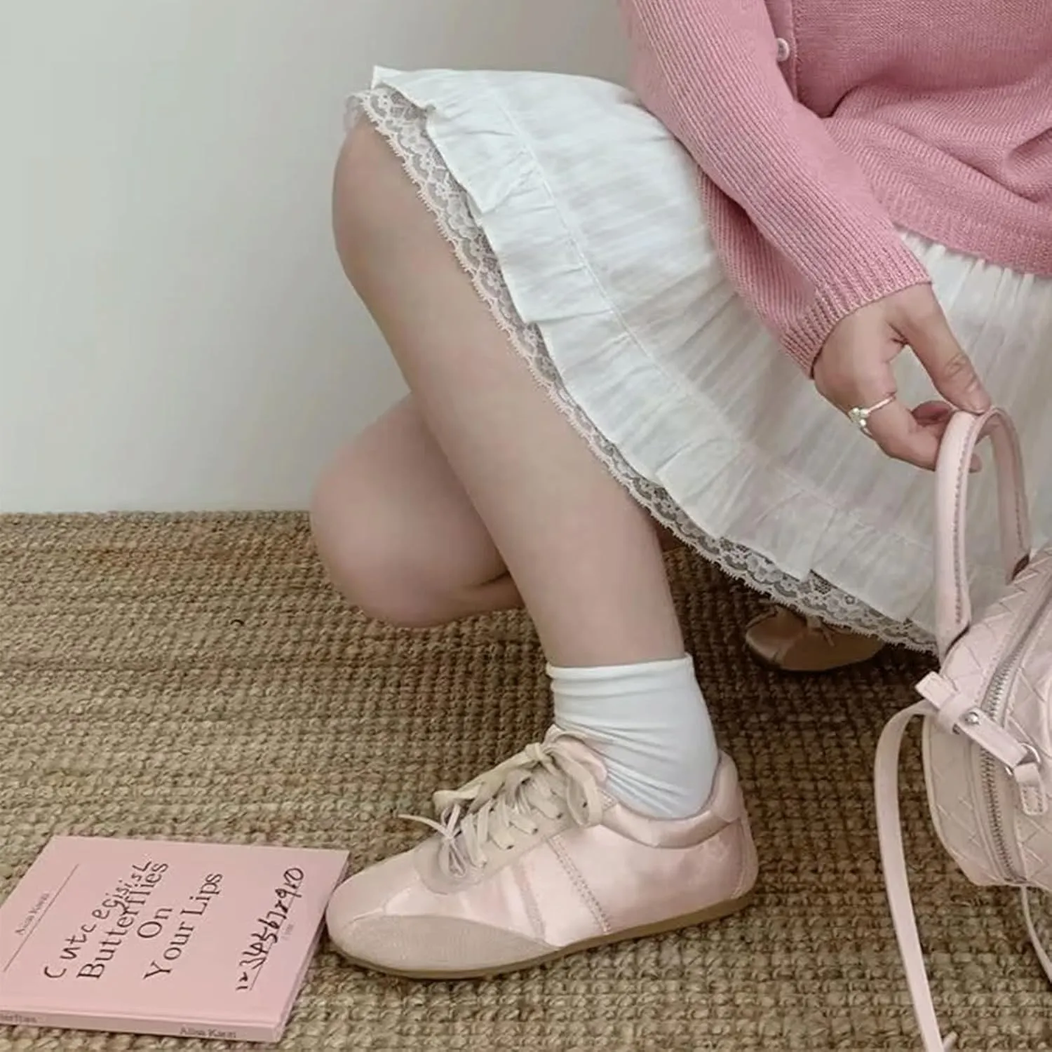 Ballet Sneakers for Woman Leather Satin Lace Up Soft Elegant Ballerina Flats Fancy Trendy Ballet Shoes with Cute Bowknot 2025 Spring Summer Casual Daily Outwear
