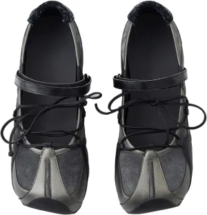 Ballet Sneakers for Woman Leather Trendy Hook and Loop Wide Box Ballerina Flats Lace Up Fancy Cute Square Toe Ballet Shoes 2025 Spring Summer Casual Daily Footwear