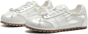 Ballet Sneakers for Woman Leather Trendy Satin Ribbon Lace Up Ballerina Flats with Delicate Bow Wide Box Fancy Elegant Sweet Ballet Shoes 2025 Spring Summer Daily Soft Walking Footwear