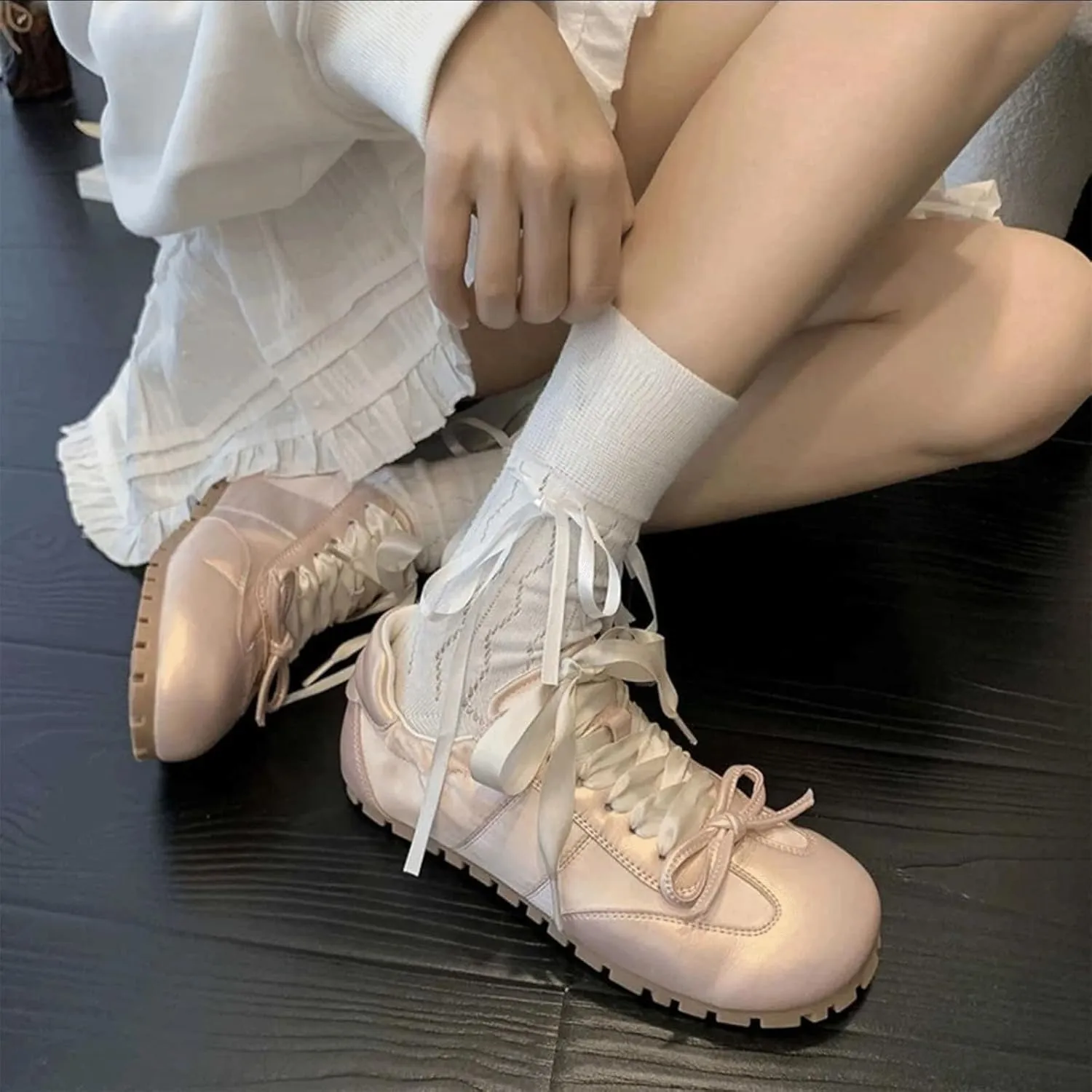 Ballet Sneakers for Woman Leather Trendy Satin Ribbon Lace Up Ballerina Flats with Delicate Bow Wide Box Fancy Elegant Sweet Ballet Shoes 2025 Spring Summer Daily Soft Walking Footwear