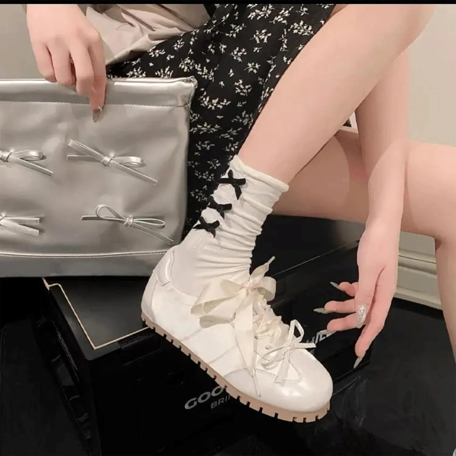 Ballet Sneakers for Woman Leather Trendy Satin Ribbon Lace Up Ballerina Flats with Delicate Bow Wide Box Fancy Elegant Sweet Ballet Shoes 2025 Spring Summer Daily Soft Walking Footwear