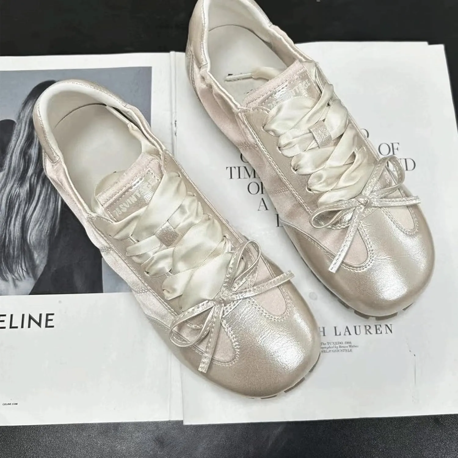 Ballet Sneakers for Woman Leather Trendy Satin Ribbon Lace Up Ballerina Flats with Delicate Bow Wide Box Fancy Elegant Sweet Ballet Shoes 2025 Spring Summer Daily Soft Walking Footwear