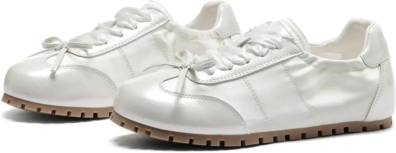 Ballet Sneakers for Woman Leather Trendy Satin Ribbon Lace Up Ballerina Flats with Delicate Bow Wide Box Fancy Elegant Sweet Ballet Shoes 2025 Spring Summer Daily Soft Walking Footwear