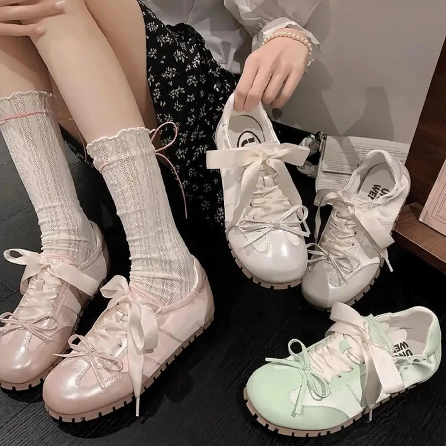 Ballet Sneakers for Woman Leather Trendy Satin Ribbon Lace Up Ballerina Flats with Delicate Bow Wide Box Fancy Elegant Sweet Ballet Shoes 2025 Spring Summer Daily Soft Walking Footwear