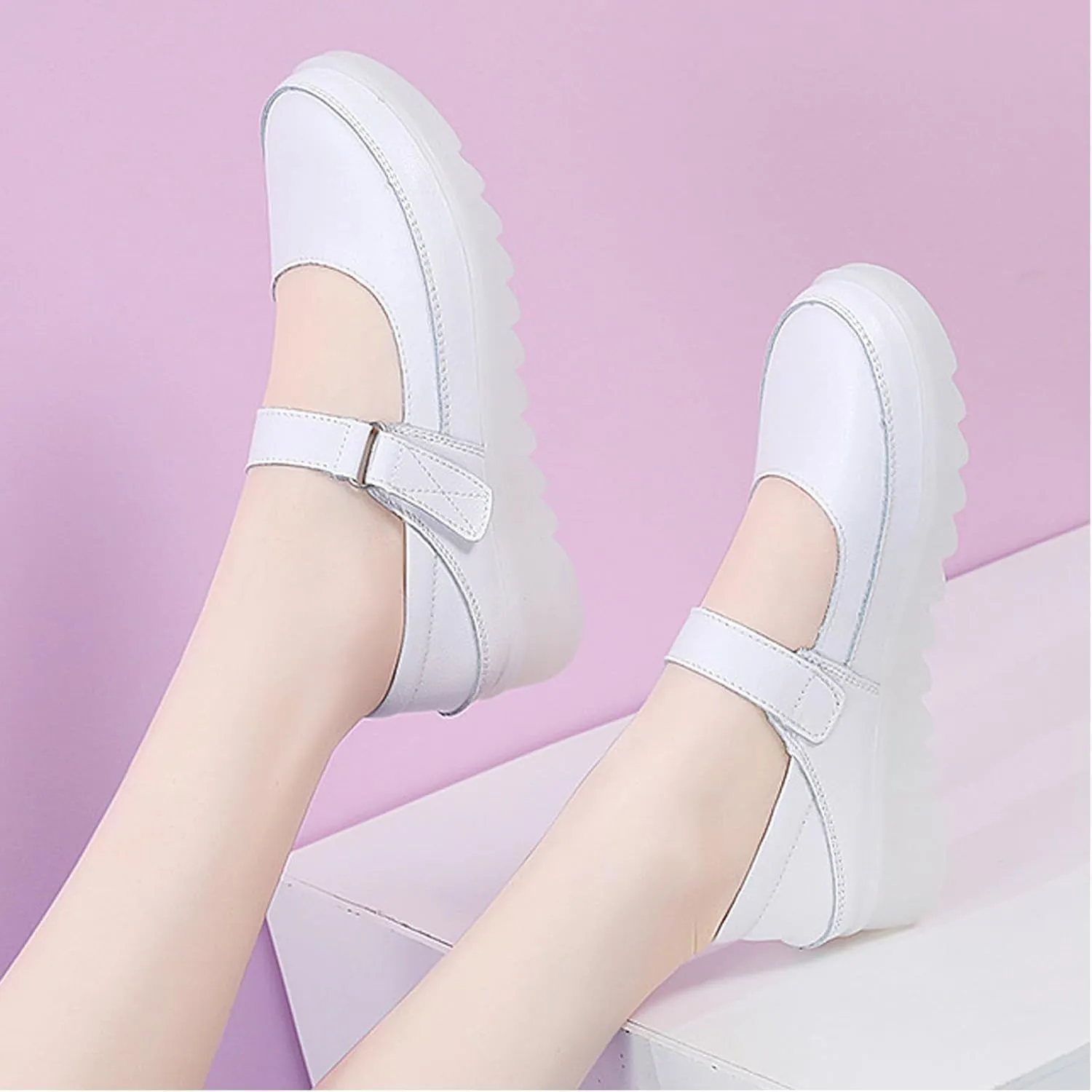 Helenbra Women's Nurse Mary Jane Flat Shoes,Adjustable Hook & Loop Comfort Hollow Breathable Slip-on Orthopedic Light Nurse Wedge Sports Shoes Casual Walking Shoes