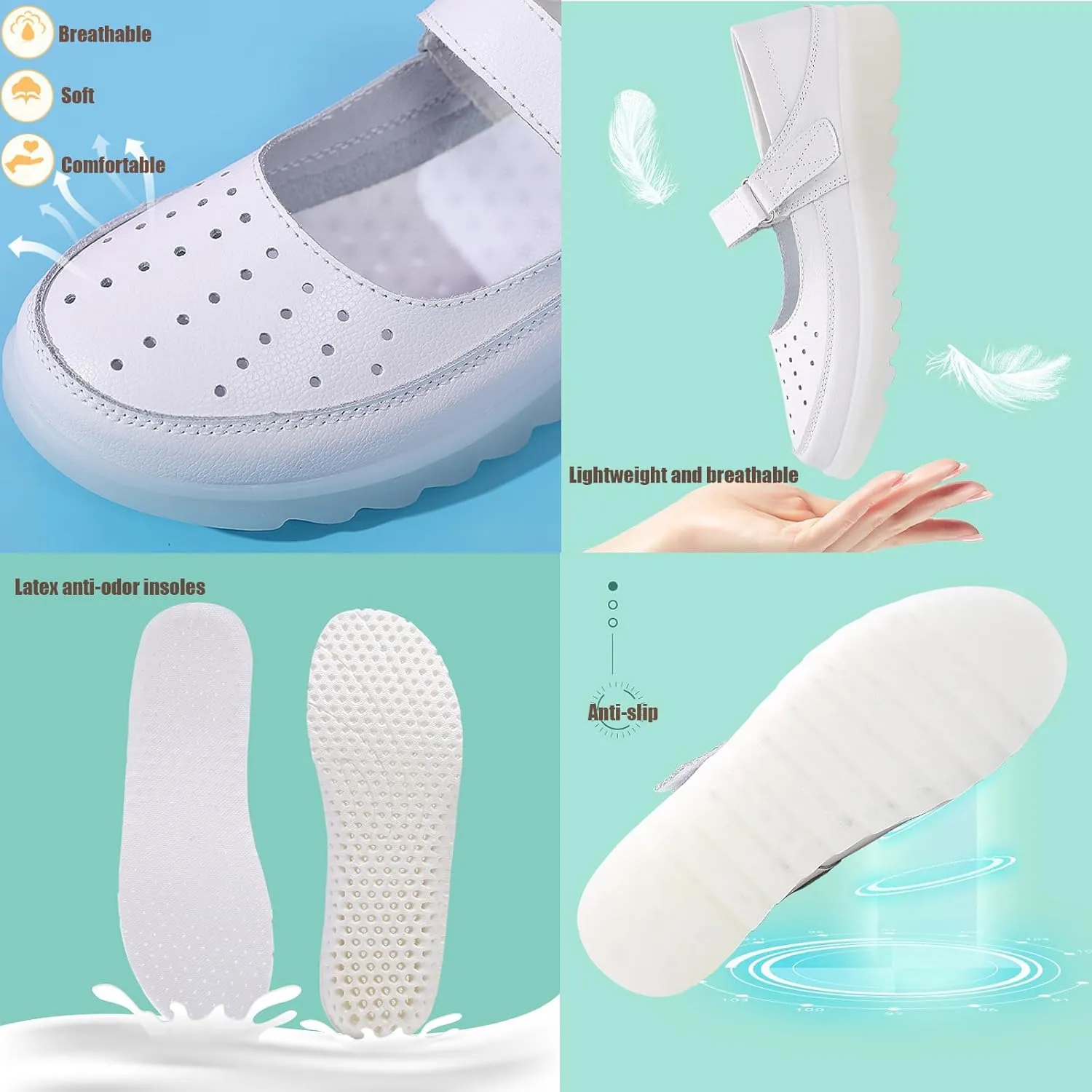 Helenbra Women's Nurse Mary Jane Flat Shoes,Adjustable Hook & Loop Comfort Hollow Breathable Slip-on Orthopedic Light Nurse Wedge Sports Shoes Casual Walking Shoes