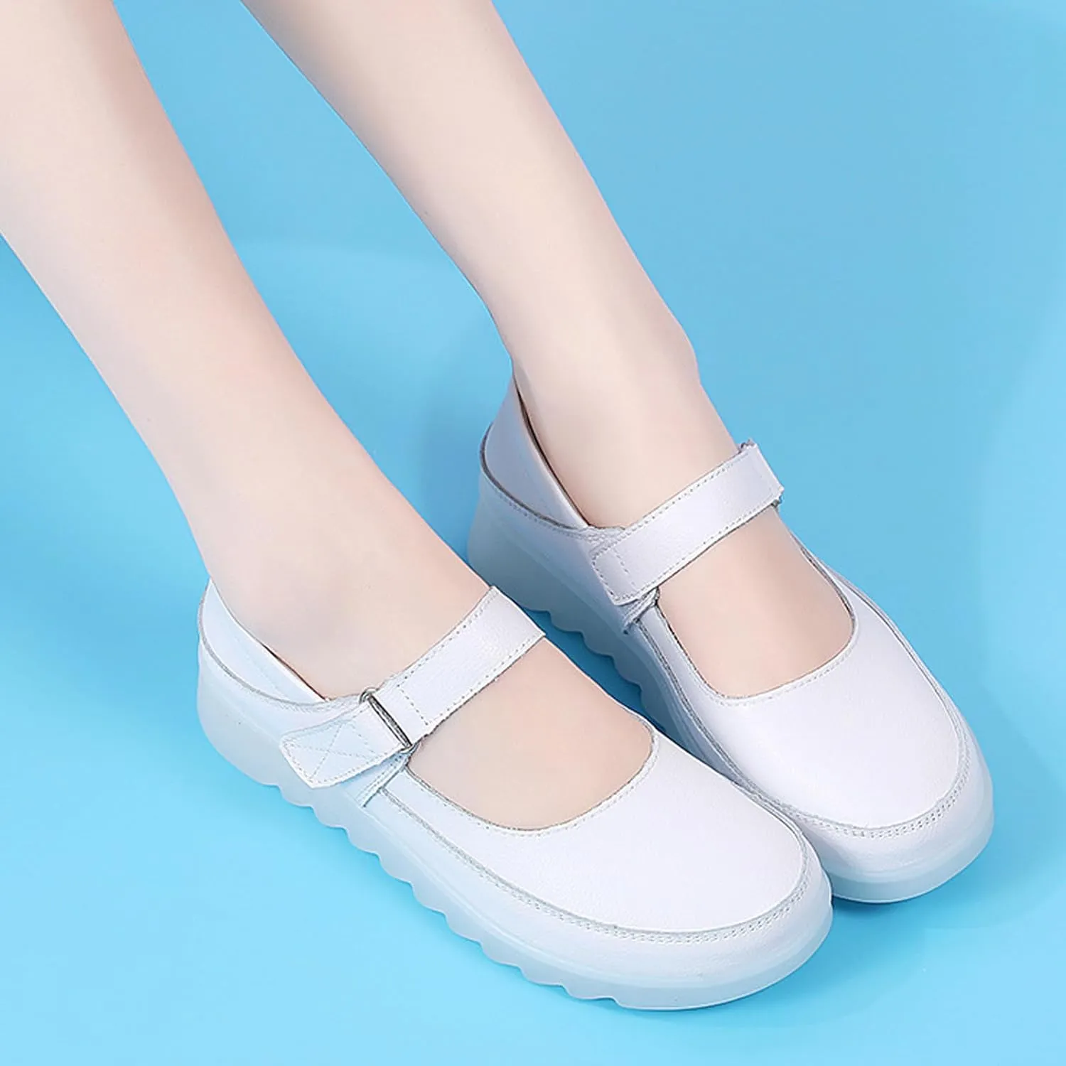 Helenbra Women's Nurse Mary Jane Flat Shoes,Adjustable Hook & Loop Comfort Hollow Breathable Slip-on Orthopedic Light Nurse Wedge Sports Shoes Casual Walking Shoes