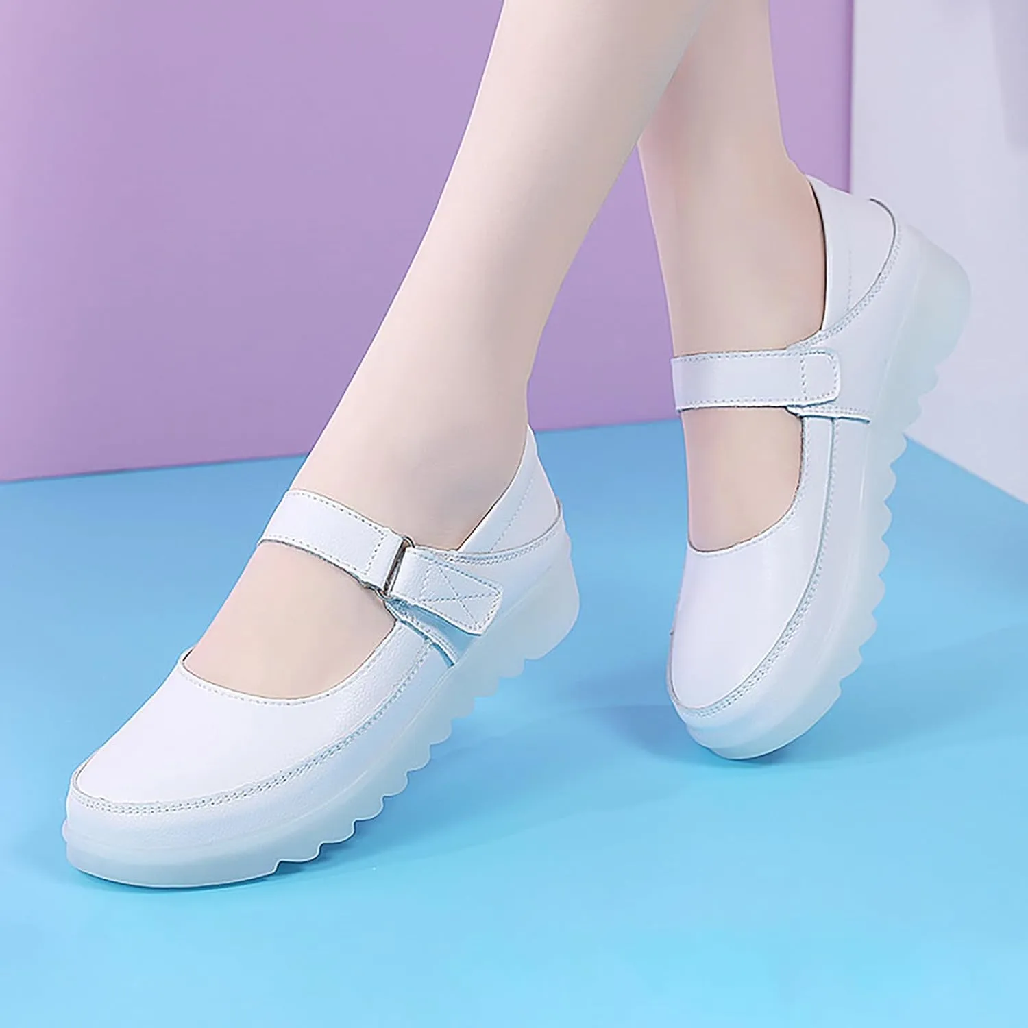 Helenbra Women's Nurse Mary Jane Flat Shoes,Adjustable Hook & Loop Comfort Hollow Breathable Slip-on Orthopedic Light Nurse Wedge Sports Shoes Casual Walking Shoes