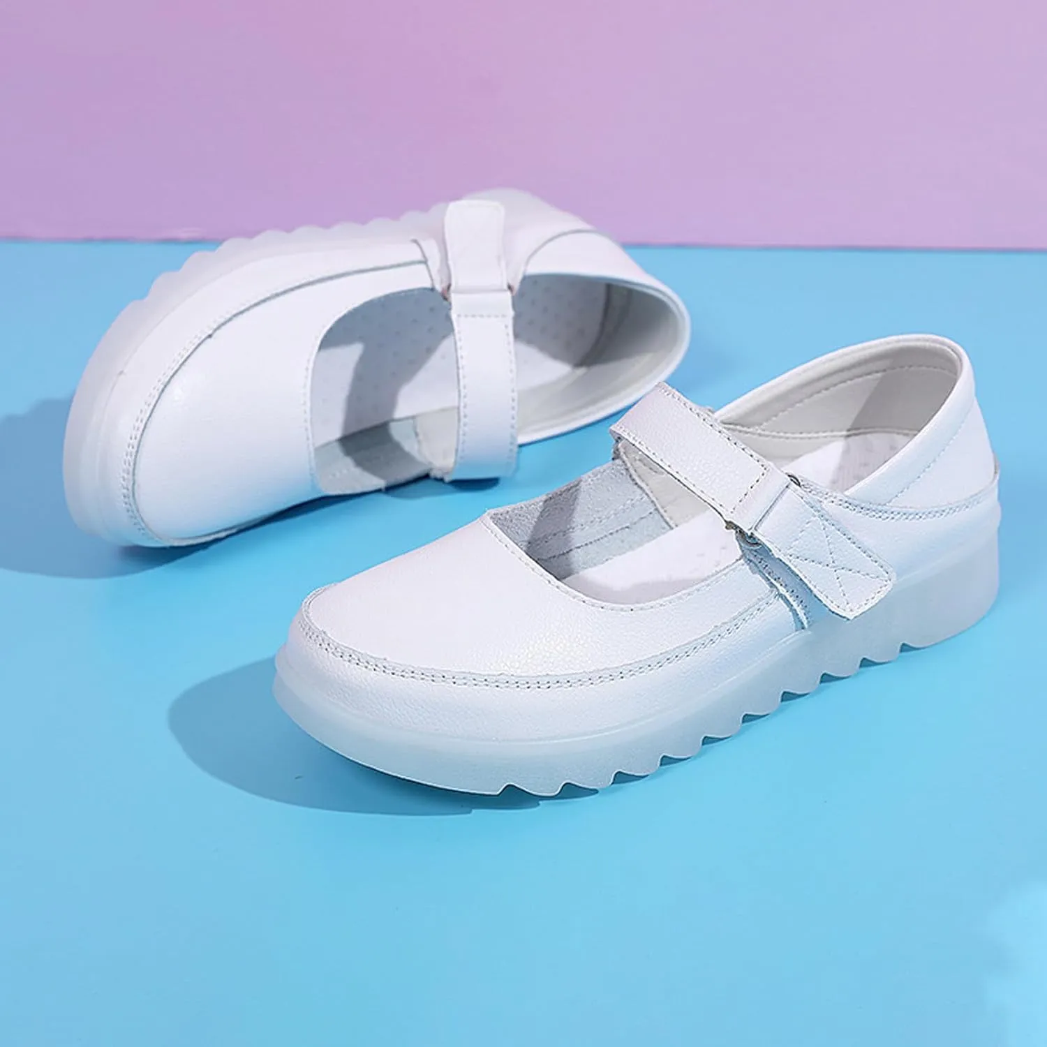 Helenbra Women's Nurse Mary Jane Flat Shoes,Adjustable Hook & Loop Comfort Hollow Breathable Slip-on Orthopedic Light Nurse Wedge Sports Shoes Casual Walking Shoes