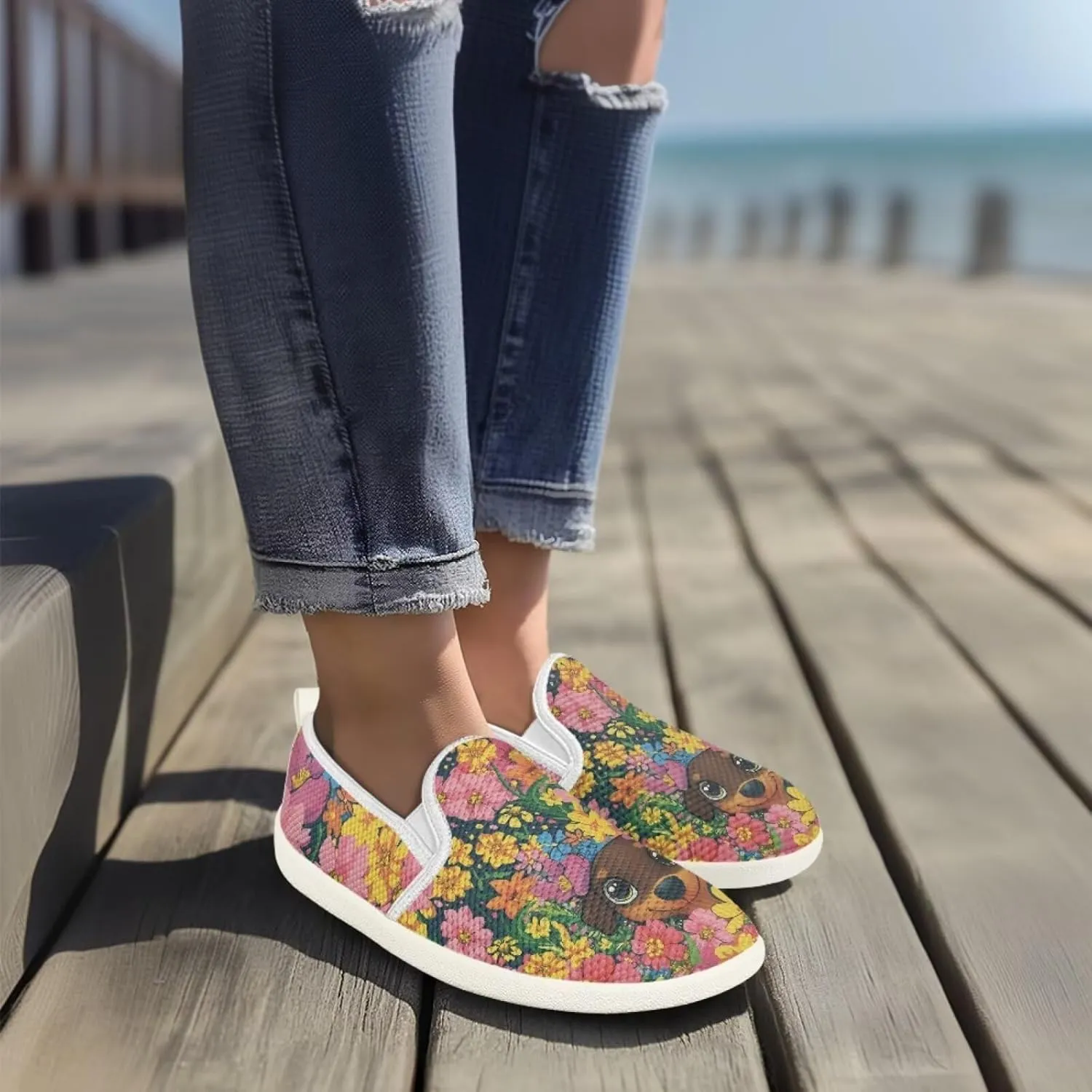 Jeiento Cute Dog Casual Shoes for Women Slip-On Loafers Flats Mesh Shoes