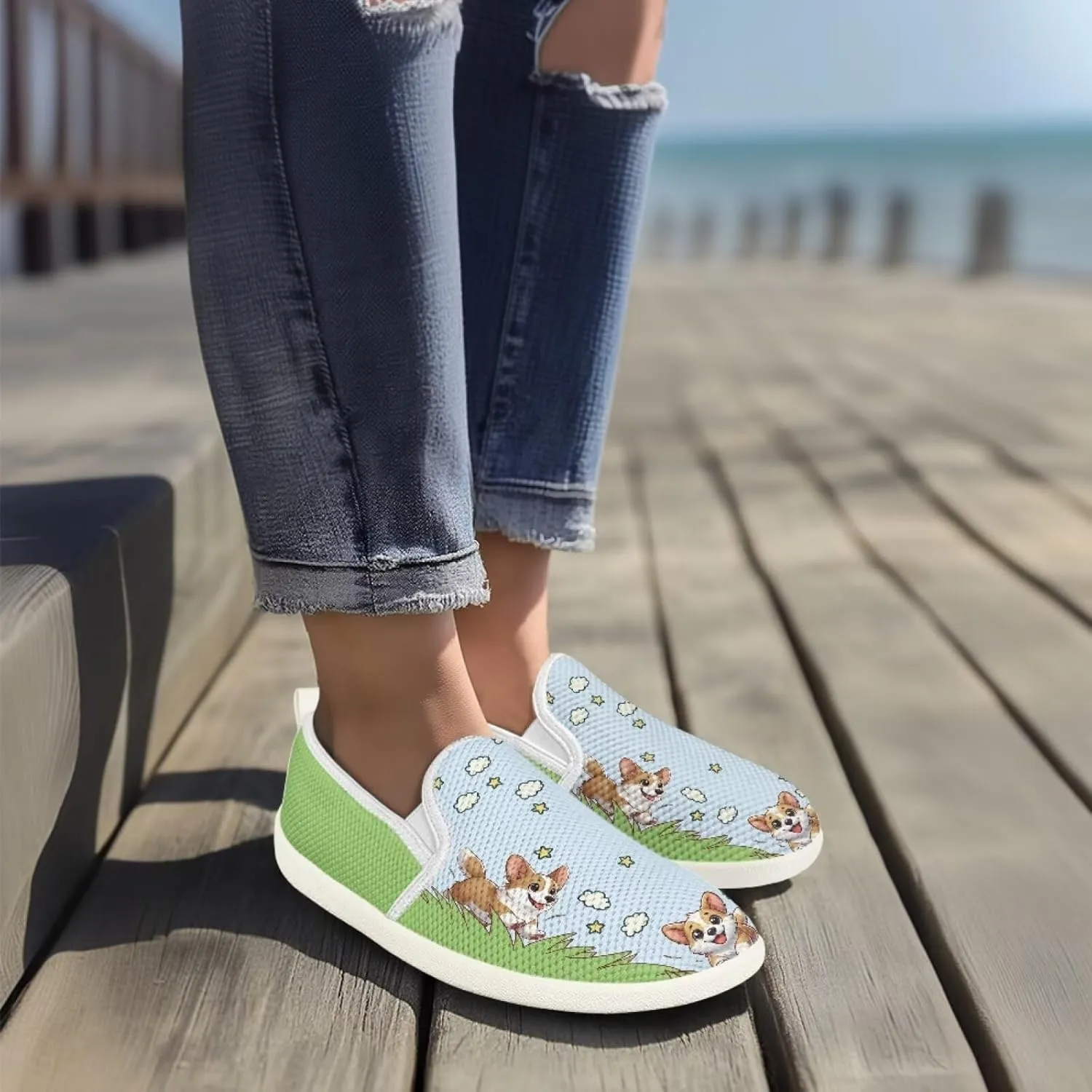 Jeiento Cute Dog Casual Shoes for Women Slip-On Loafers Flats Mesh Shoes