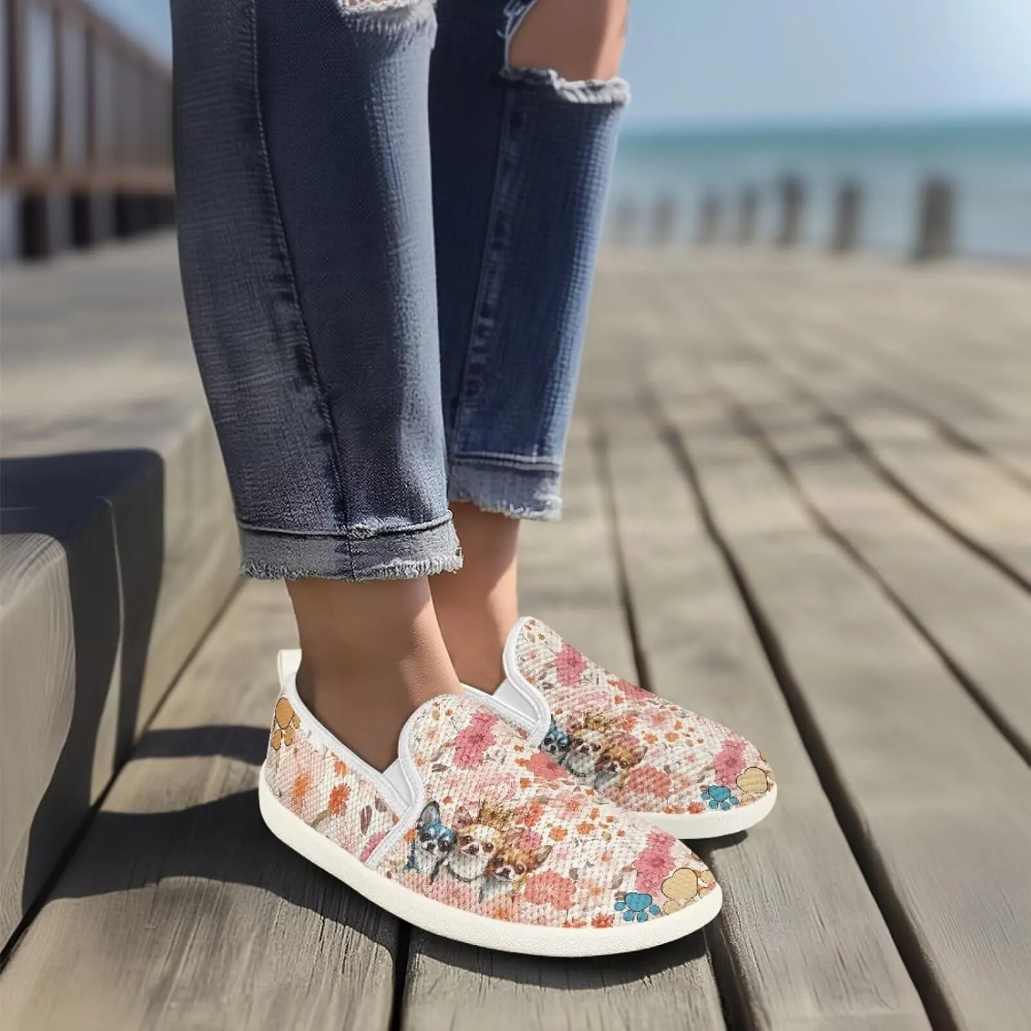 Jeiento Cute Dog Casual Shoes for Women Slip-On Loafers Flats Mesh Shoes