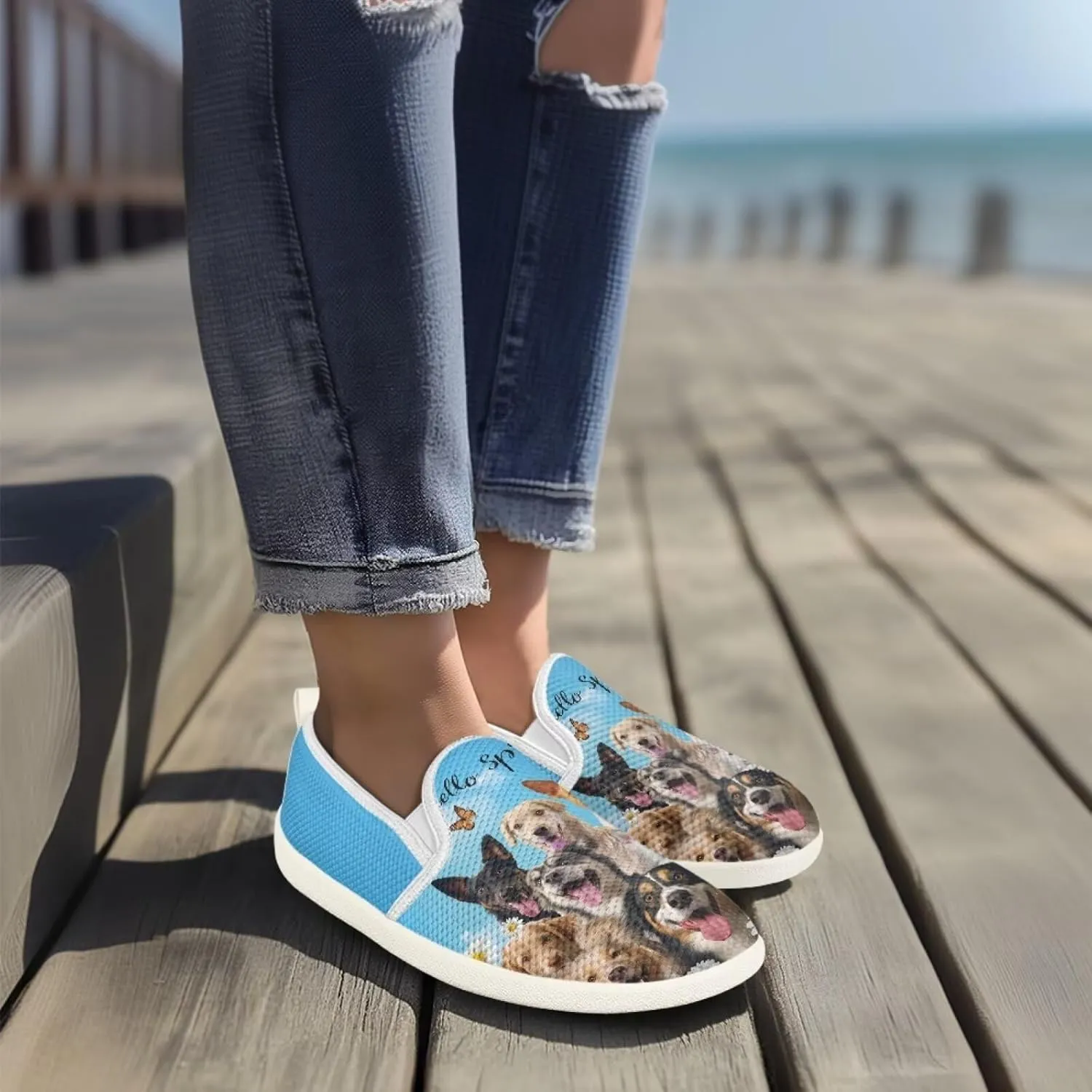 Jeiento Cute Dog Casual Shoes for Women Slip-On Loafers Flats Mesh Shoes