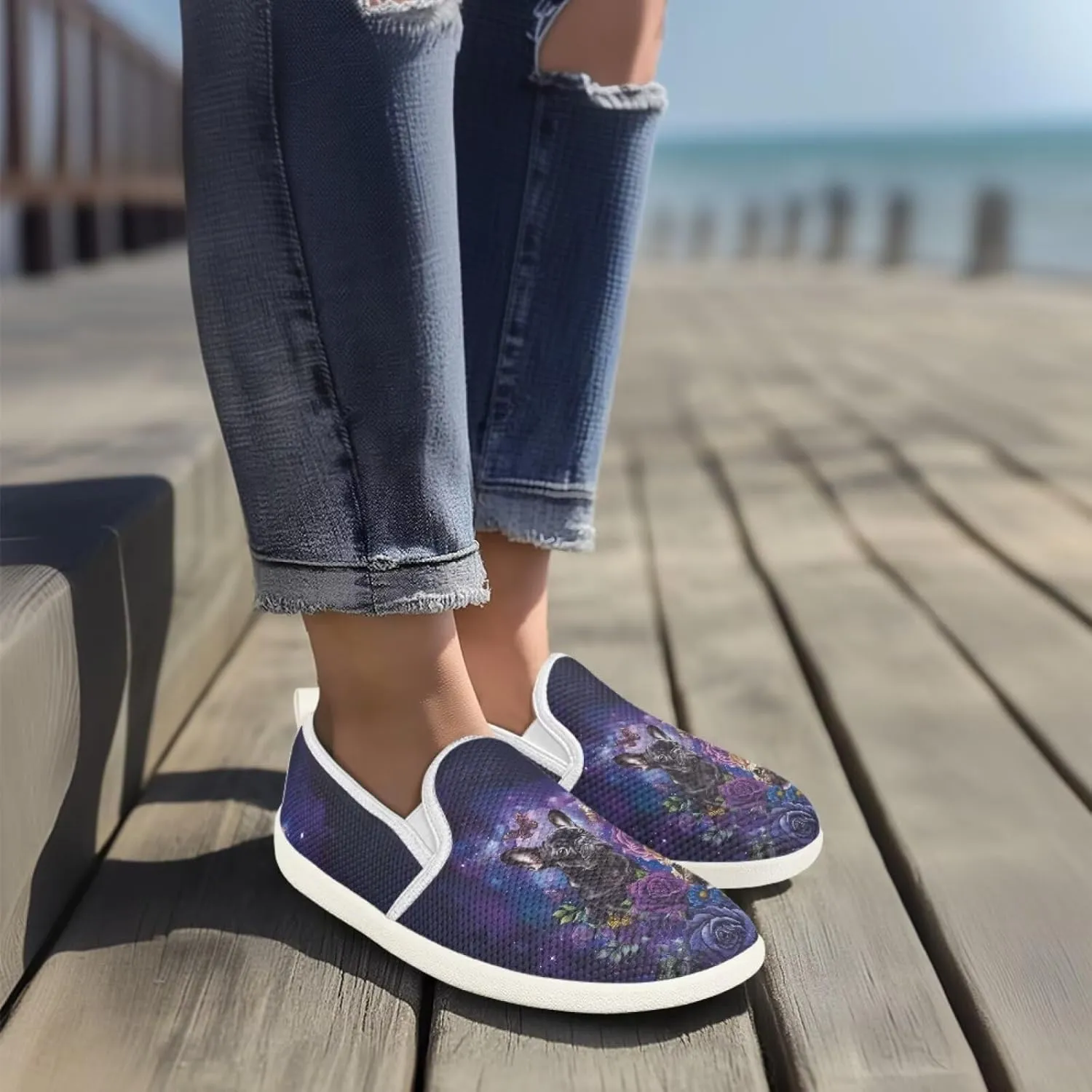 Jeiento Cute Dog Casual Shoes for Women Slip-On Loafers Flats Mesh Shoes