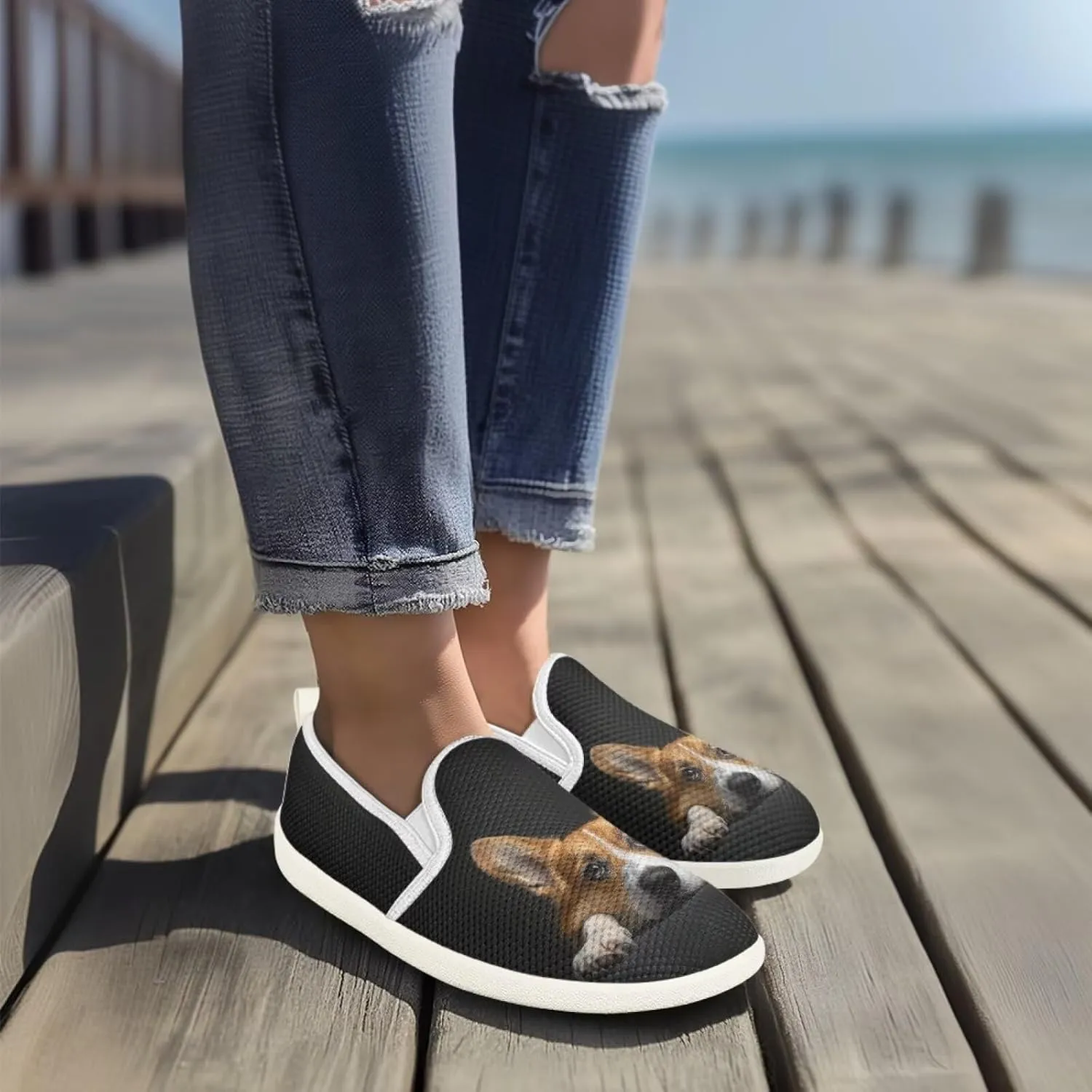 Jeiento Cute Dog Casual Shoes for Women Slip-On Loafers Flats Mesh Shoes