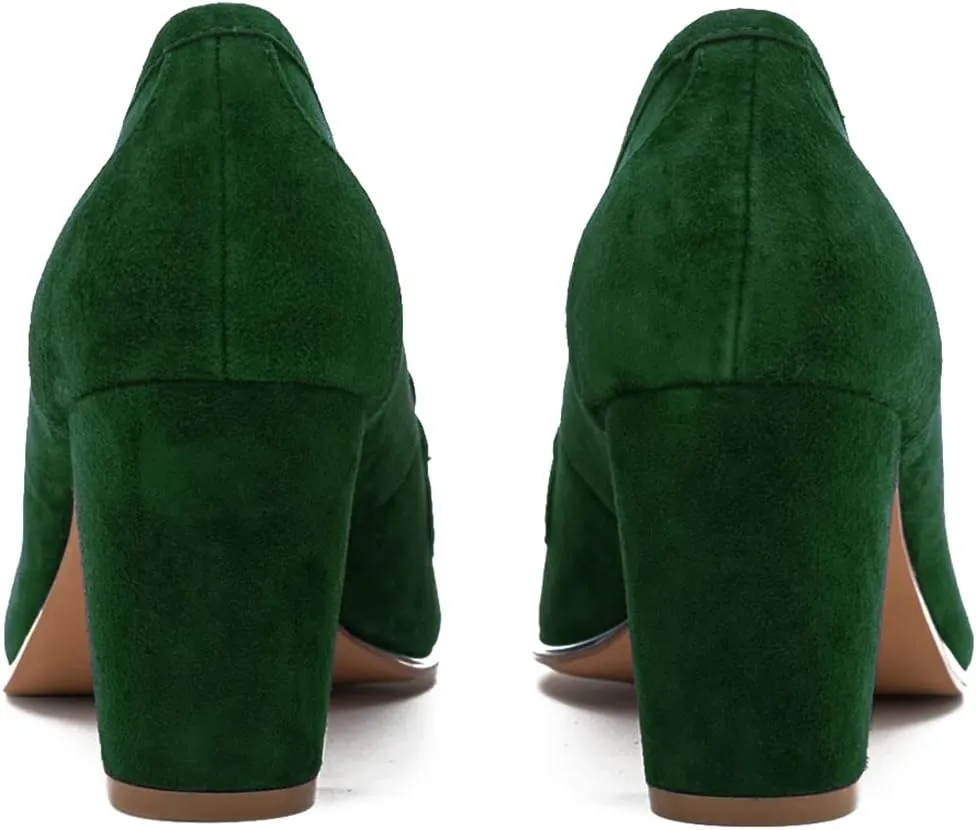 LEHOOR Women Chunky Block High Heel Suede Pumps Pointed Closed Toe Slip On Dress Loafers with Tassel 3" Thick Heel Fringed Pumps for Office Ladies Girls Work Shoes Elegant Comfortable Spring 4-11 M US