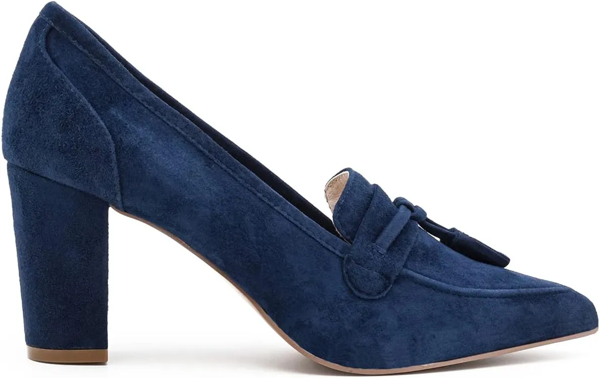 LEHOOR Women Chunky Block High Heel Suede Pumps Pointed Closed Toe Slip On Dress Loafers with Tassel 3" Thick Heel Fringed Pumps for Office Ladies Girls Work Shoes Elegant Comfortable Spring 4-11 M US
