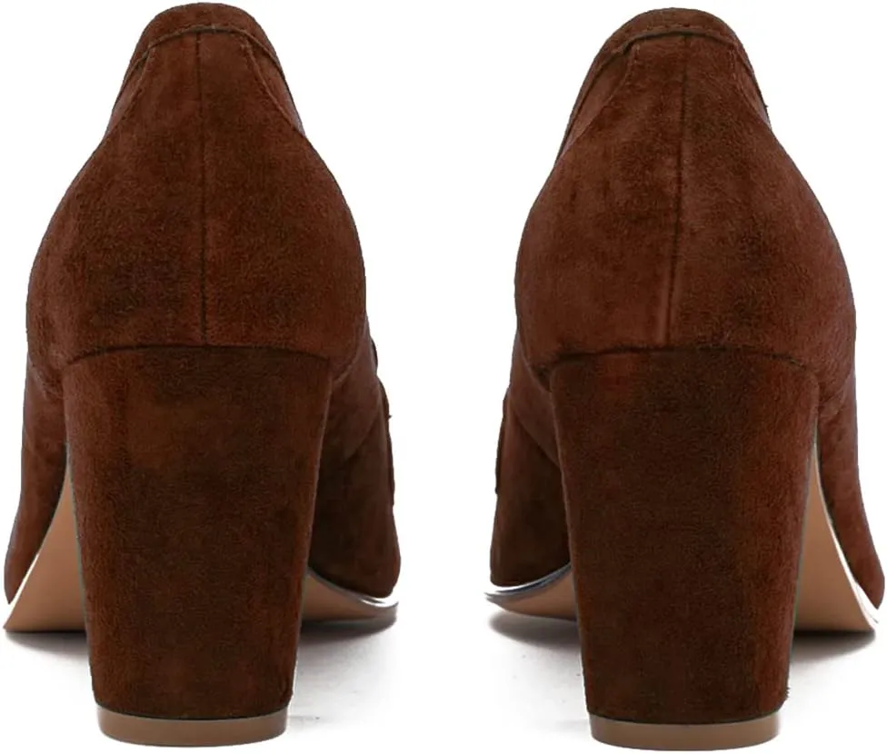LEHOOR Women Chunky Block High Heel Suede Pumps Pointed Closed Toe Slip On Dress Loafers with Tassel 3" Thick Heel Fringed Pumps for Office Ladies Girls Work Shoes Elegant Comfortable Spring 4-11 M US