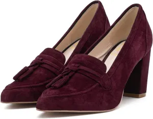 LEHOOR Women Chunky Block High Heel Suede Pumps Pointed Closed Toe Slip On Dress Loafers with Tassel 3" Thick Heel Fringed Pumps for Office Ladies Girls Work Shoes Elegant Comfortable Spring 4-11 M US