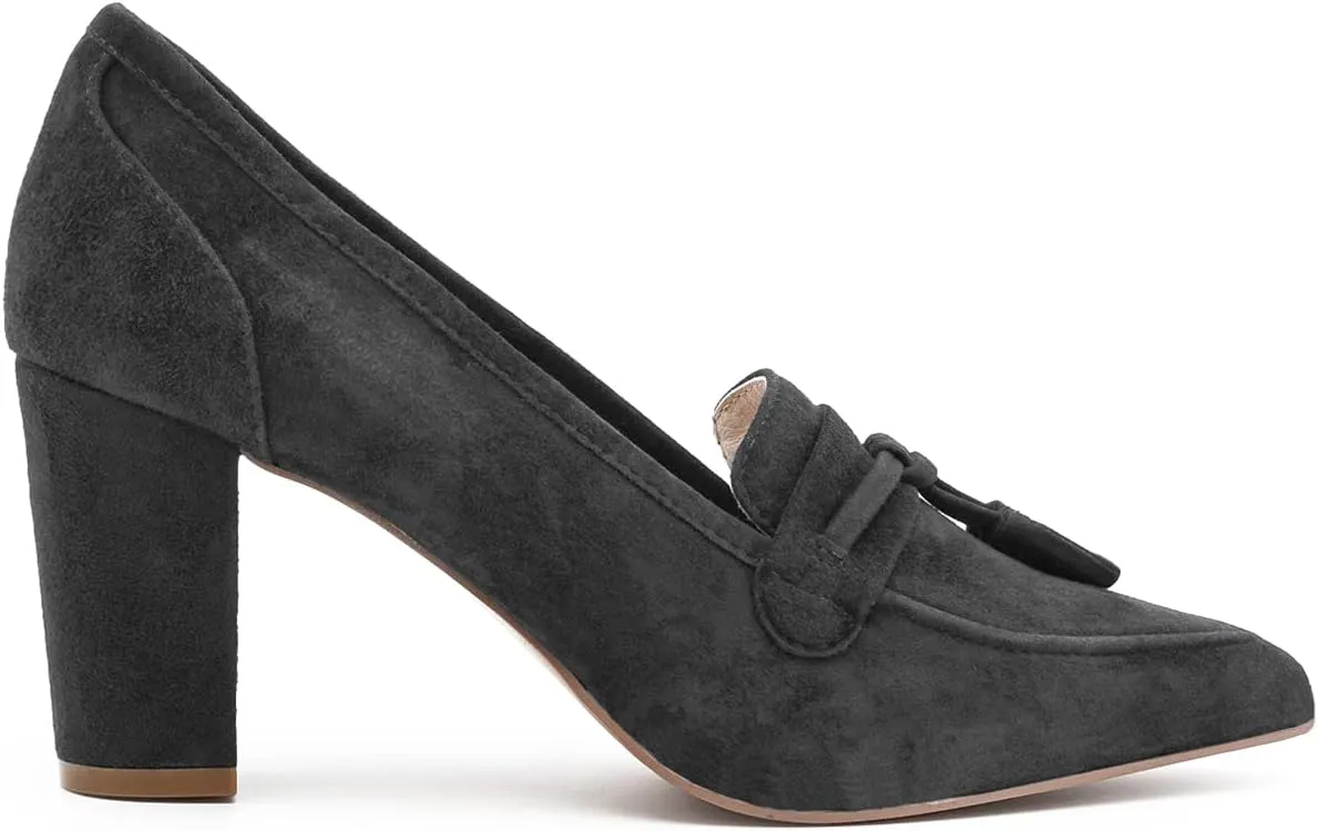 LEHOOR Women Chunky Block High Heel Suede Pumps Pointed Closed Toe Slip On Dress Loafers with Tassel 3" Thick Heel Fringed Pumps for Office Ladies Girls Work Shoes Elegant Comfortable Spring 4-11 M US