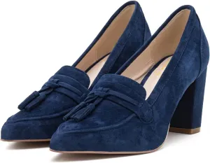 LEHOOR Women Chunky Block High Heel Suede Pumps Pointed Closed Toe Slip On Dress Loafers with Tassel 3" Thick Heel Fringed Pumps for Office Ladies Girls Work Shoes Elegant Comfortable Spring 4-11 M US