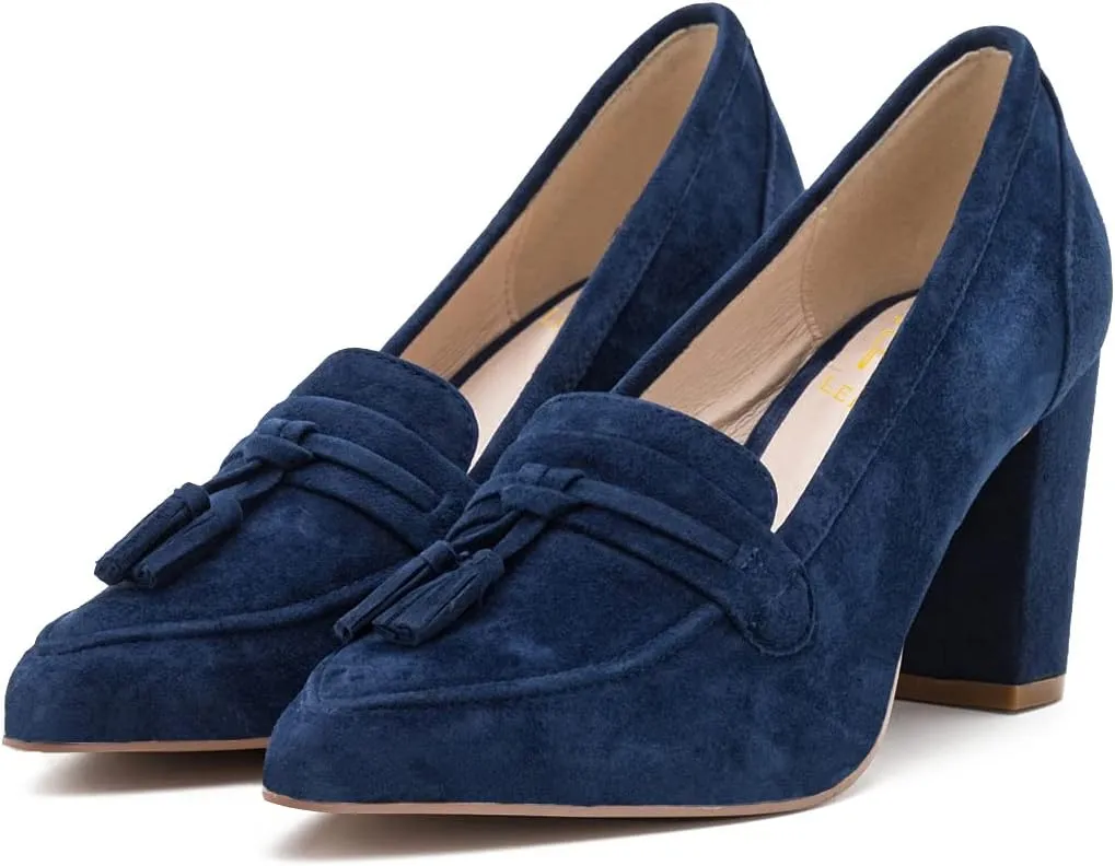 LEHOOR Women Chunky Block High Heel Suede Pumps Pointed Closed Toe Slip On Dress Loafers with Tassel 3" Thick Heel Fringed Pumps for Office Ladies Girls Work Shoes Elegant Comfortable Spring 4-11 M US