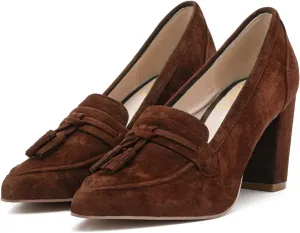 LEHOOR Women Chunky Block High Heel Suede Pumps Pointed Closed Toe Slip On Dress Loafers with Tassel 3" Thick Heel Fringed Pumps for Office Ladies Girls Work Shoes Elegant Comfortable Spring 4-11 M US