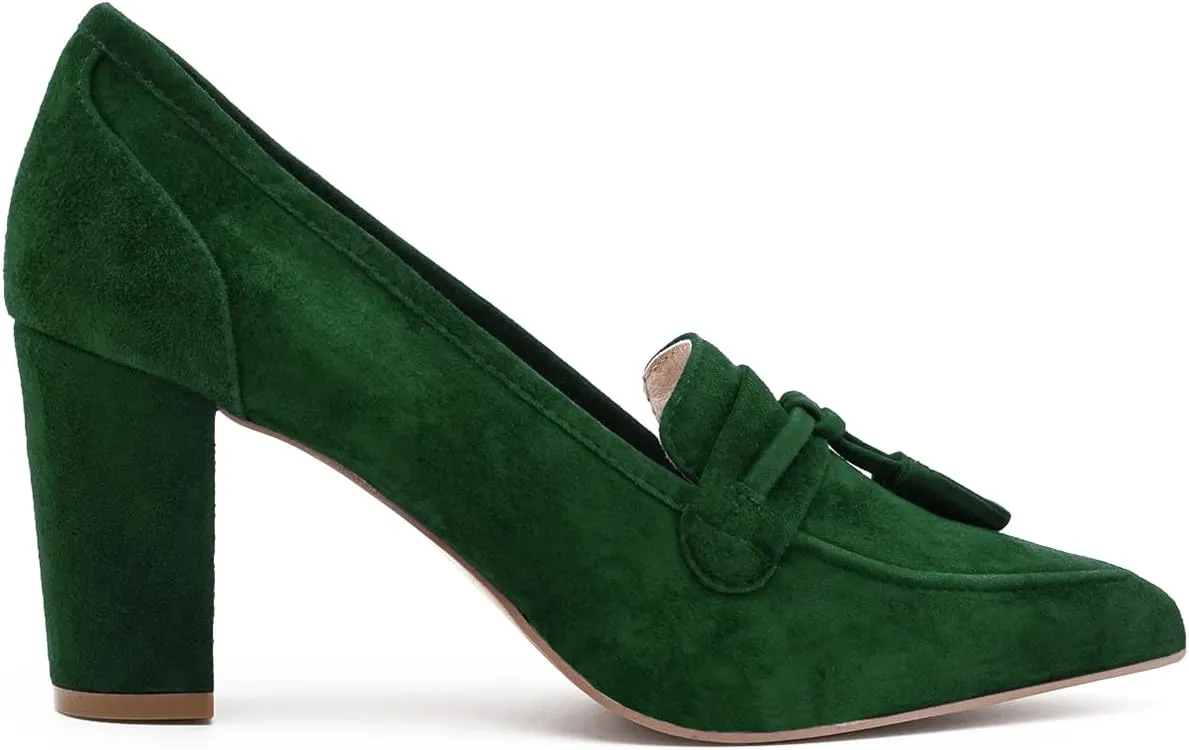 LEHOOR Women Chunky Block High Heel Suede Pumps Pointed Closed Toe Slip On Dress Loafers with Tassel 3" Thick Heel Fringed Pumps for Office Ladies Girls Work Shoes Elegant Comfortable Spring 4-11 M US