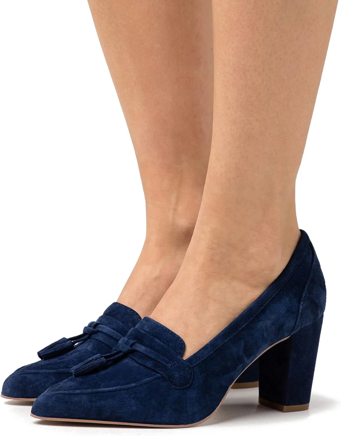 LEHOOR Women Chunky Block High Heel Suede Pumps Pointed Closed Toe Slip On Dress Loafers with Tassel 3" Thick Heel Fringed Pumps for Office Ladies Girls Work Shoes Elegant Comfortable Spring 4-11 M US