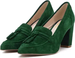LEHOOR Women Chunky Block High Heel Suede Pumps Pointed Closed Toe Slip On Dress Loafers with Tassel 3" Thick Heel Fringed Pumps for Office Ladies Girls Work Shoes Elegant Comfortable Spring 4-11 M US