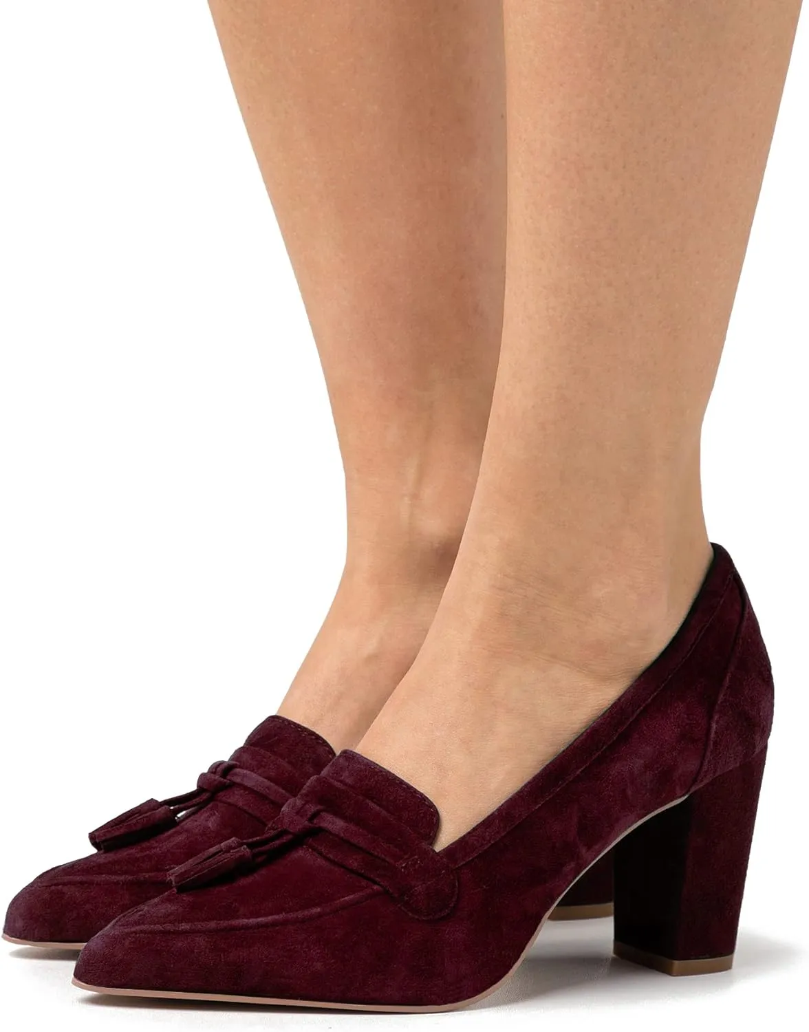 LEHOOR Women Chunky Block High Heel Suede Pumps Pointed Closed Toe Slip On Dress Loafers with Tassel 3" Thick Heel Fringed Pumps for Office Ladies Girls Work Shoes Elegant Comfortable Spring 4-11 M US