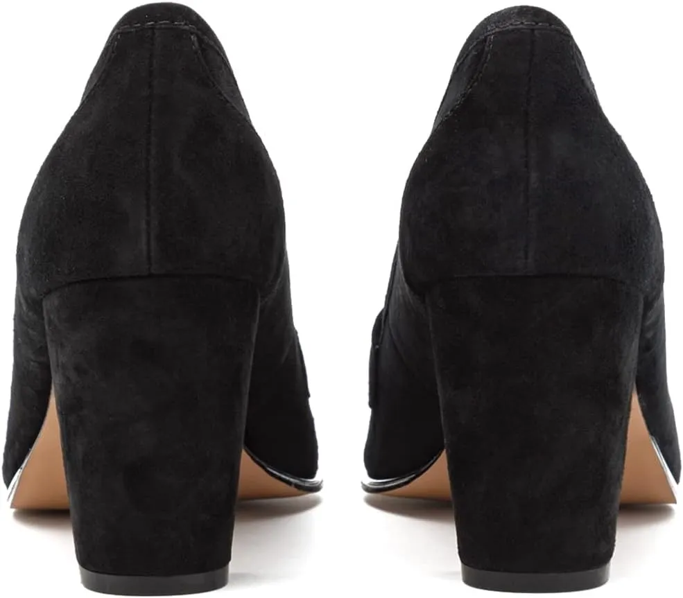 LEHOOR Women Chunky Block High Heel Suede Pumps Pointed Closed Toe Slip On Dress Loafers with Tassel 3" Thick Heel Fringed Pumps for Office Ladies Girls Work Shoes Elegant Comfortable Spring 4-11 M US