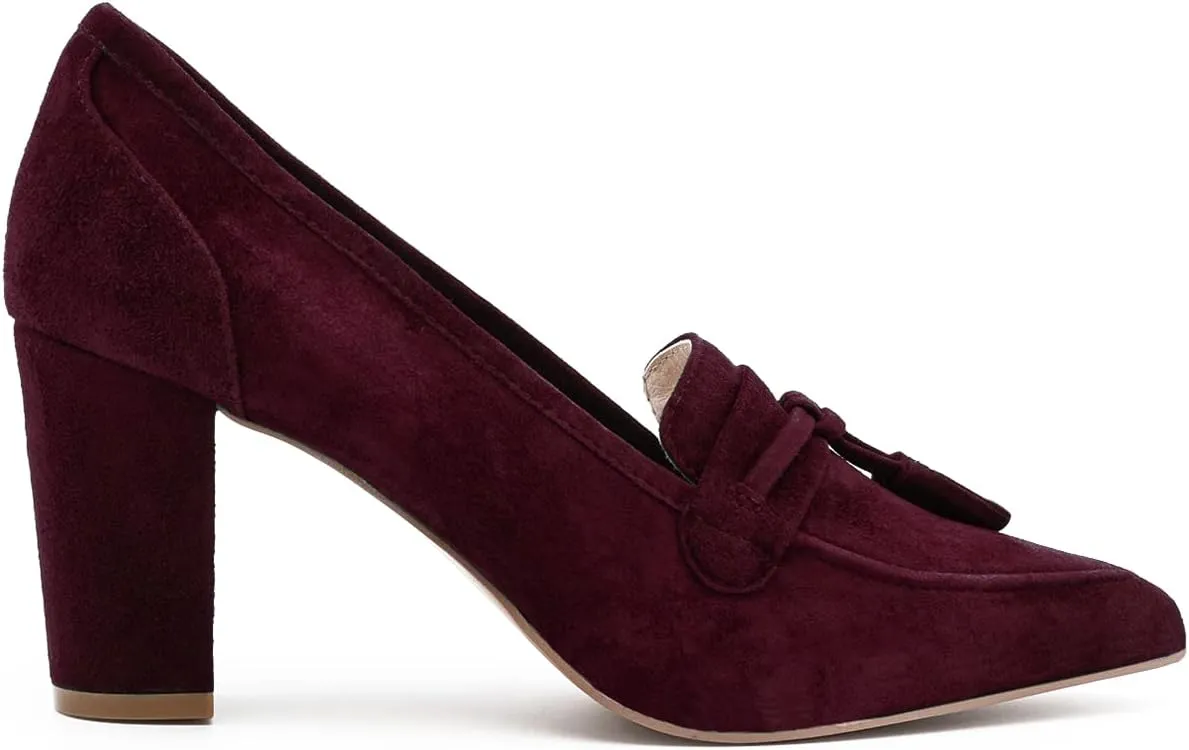 LEHOOR Women Chunky Block High Heel Suede Pumps Pointed Closed Toe Slip On Dress Loafers with Tassel 3" Thick Heel Fringed Pumps for Office Ladies Girls Work Shoes Elegant Comfortable Spring 4-11 M US