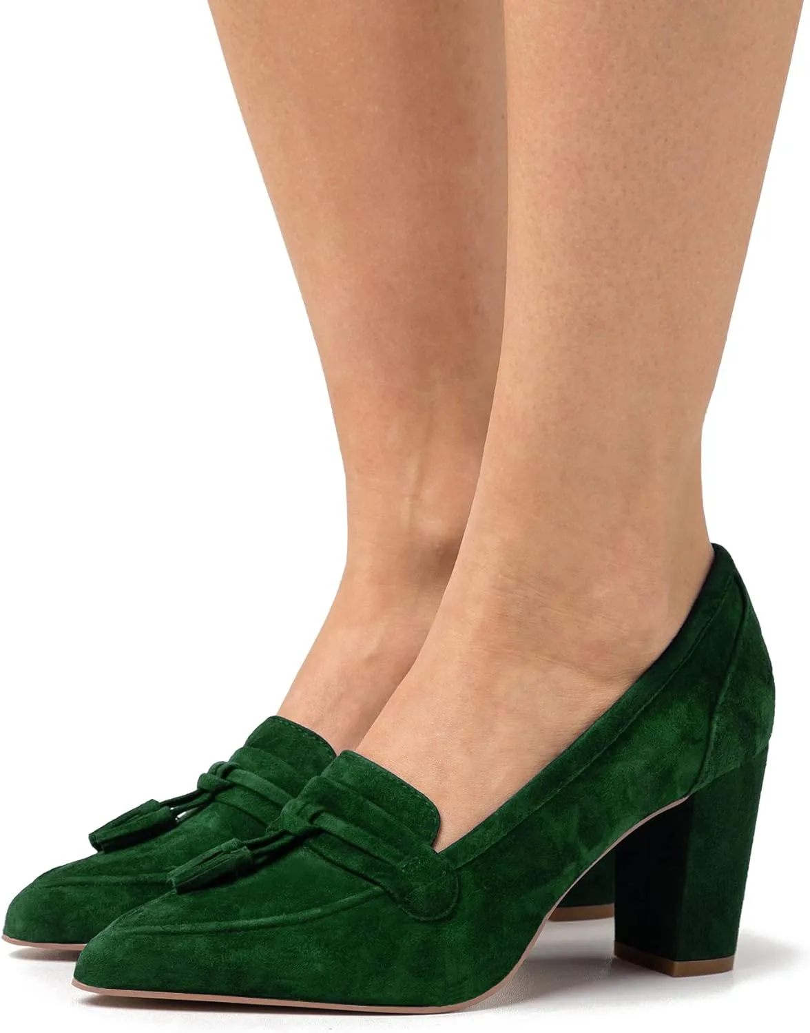 LEHOOR Women Chunky Block High Heel Suede Pumps Pointed Closed Toe Slip On Dress Loafers with Tassel 3" Thick Heel Fringed Pumps for Office Ladies Girls Work Shoes Elegant Comfortable Spring 4-11 M US