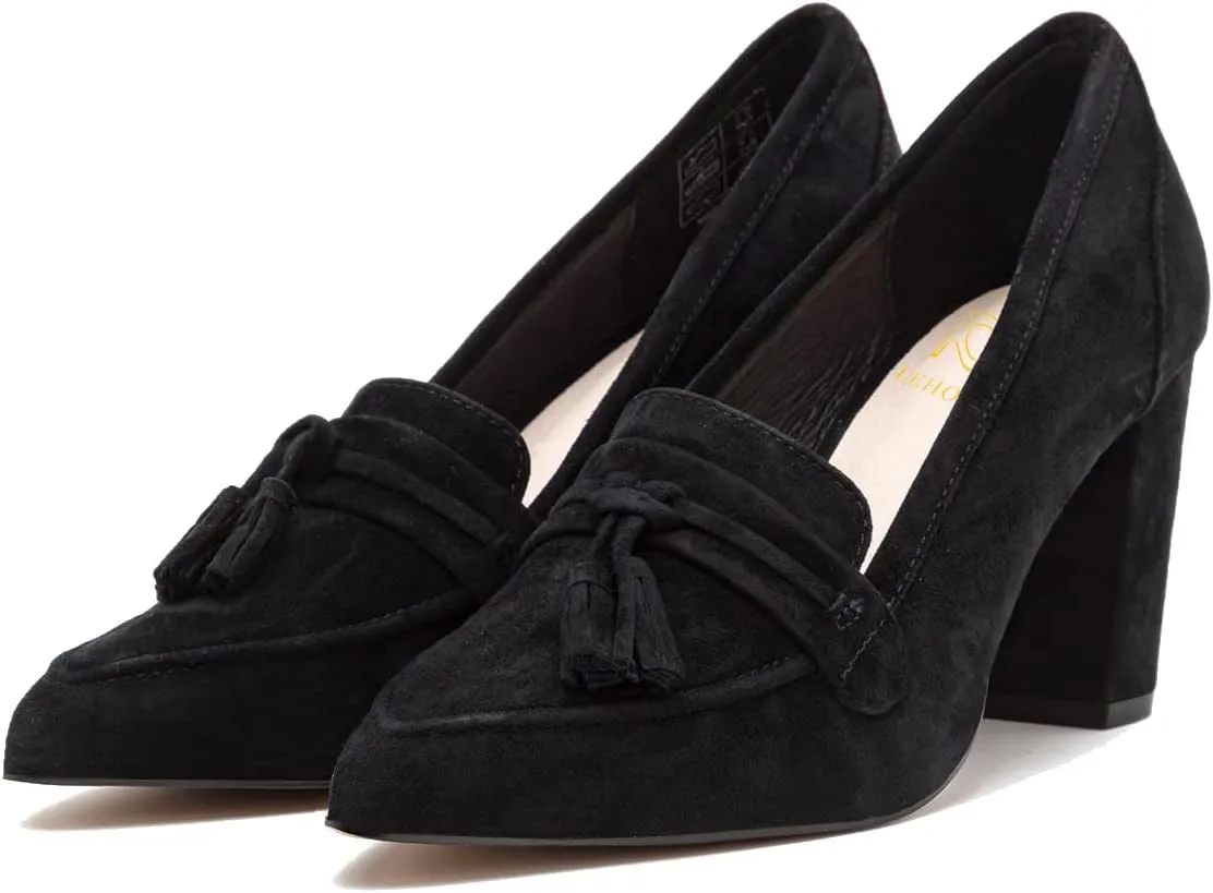 LEHOOR Women Chunky Block High Heel Suede Pumps Pointed Closed Toe Slip On Dress Loafers with Tassel 3" Thick Heel Fringed Pumps for Office Ladies Girls Work Shoes Elegant Comfortable Spring 4-11 M US