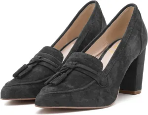 LEHOOR Women Chunky Block High Heel Suede Pumps Pointed Closed Toe Slip On Dress Loafers with Tassel 3" Thick Heel Fringed Pumps for Office Ladies Girls Work Shoes Elegant Comfortable Spring 4-11 M US